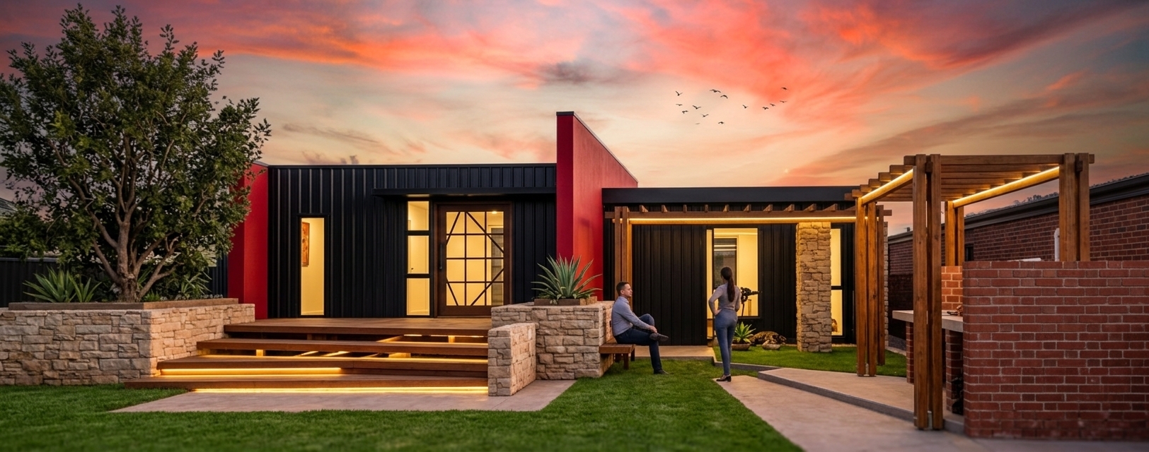 An incredibly lifelike, richly detailed, photorealistic wide-angle exterior shot of a modern cyber-eclectic residence set in a manicured suburban backyard during a late summer evening. The scene is illuminated by the fiery orange and magenta hues of a dramatic sunset, casting long, soft shadows, while integrated warm-white LED strip lights glow brilliantly from beneath the floating wooden deck steps and stream softly through the glazed windows, creating a welcoming and stylized futuristic-cozy atmosphere. Captured with a professional 24mm tilt-shift lens, emphasizing the sharp, matte-black profile of the newly installed IBR metal sheet cladding which replaces the older corrugated siding, contrasting beautifully against the bright crimson accent walls and the natural, rough-hewn stone texture of the landscaped planters. The design's structural integrity remains perfectly intact, showcased by the interlocking timber pergolas and a red brick privacy wall on the right, all grounded by a plush, realistically rendered lawn of vibrant green grass, while a small flock of birds drifts peacefully across the gradient sky.