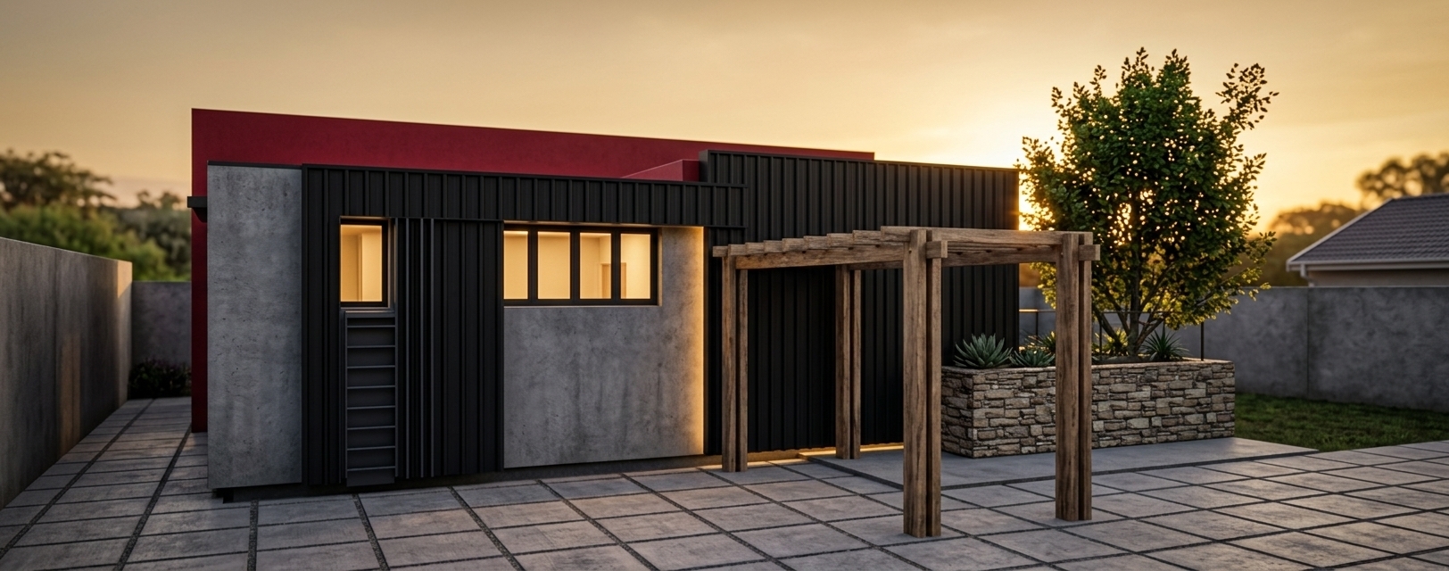 An incredibly lifelike, richly detailed, photorealistic wide-angle architectural photo of a modern house exterior set in a lush suburban garden. The scene is illuminated by the warm, golden hues of a late summer sunset, creating a dramatic, high-contrast, and moody atmosphere. Captured with a 24mm tilt-shift lens, emphasizing the rich textures of the matte black IBR sheets, raw concrete, and glowing ambient light...

This striking cyber-eclectic residence blends industrial-chic materials with organic architectural features. The highlights of the facade are the sleek black IBR sheets that replace the original corrugated cladding, creating a bold, dark contrast against the natural textured gray plaster walls. A vibrant crimson-red parapet wall anchors the top of the structure, glowing under the warm amber sky. Warm, inviting LED light spills out from within the large window frames and recessed crevices, casting a futuristic glow onto the paved courtyard. In the foreground, a beautifully crafted timber pergola stands adjacent to a rustic, stacked-stone planter containing a mature green tree, balancing the sharp, techno-modern design with earthy elegance under the fading summer sun.