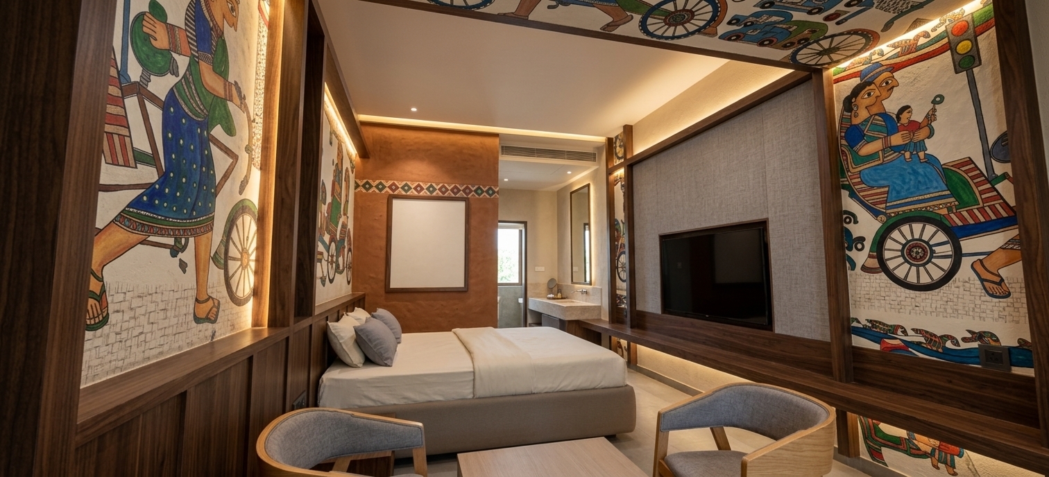 An incredibly lifelike, richly detailed, photorealistic wide-angle interior photo of a boutique suite bedroom set in a heritage-inspired Nepali estate. The scene is illuminated by warm, indirect LED strips and soft natural light from an adjacent window, creating an inviting and culturally rich atmosphere. Captured with a professional 24mm wide-angle lens, emphasizing the intricate hand-painted textures of Mithila folk art and the grains of dark walnut wood.

This bedroom beautifully showcases a Nepali Mithila architectural theme mixed with modern Indian exuberance. The walls and ceiling are adorned with massive, intricately detailed Mithila murals featuring stylized folk figures, traditional rickshaws, and vibrant motifs hand-painted on textured plaster. A rustic, mud-finish accent wall in a warm terracotta hue anchors the low-profile platform bed, which is dressed in crisp, minimalist linens and soft gray pillows. Opposite the bed, a dark wood feature wall houses a wall-mounted television against a textured gray fabric backdrop, balanced below by a floating shelf. In the foreground, two contemporary accent chairs with curved light-oak frames and gray cushions flank a low coffee table, completing this luxurious, culturally expressive sanctuary.