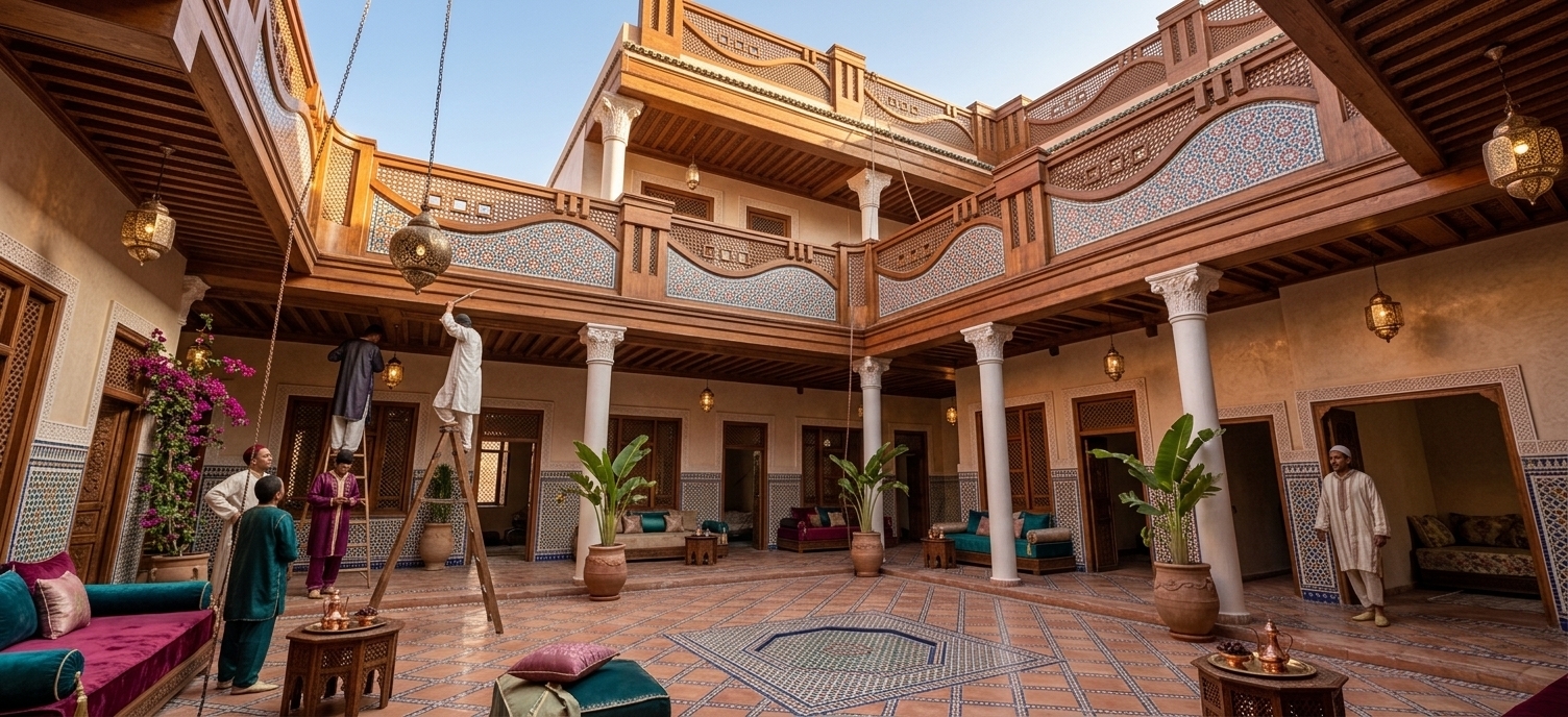 An incredibly lifelike, richly detailed, photorealistic wide-angle shot of a luxurious Moroccan-inspired courtyard patio set in a grand, private riad. The scene is illuminated by the warm, golden glow of the late afternoon sun filtering through the open-air atrium, casting long, soft shadows and creating an exotic, serene, and sensual atmosphere. Captured with a professional medium-format camera and a 24mm wide-angle lens, emphasizing the rich textures of handmade zellige tiles, raw plaster, and detailed woodwork. 

This reimagined, highly finished space transforms the raw Concrete courtyard into a vibrant oasis of Moroccan Mystique. The classical columns are now elegantly wrapped in smooth white tadelakt plaster with beautifully carved capitals. The dusty floor is replaced by an exquisite layout of polished terracotta tiles interlaid with intricate geometric zellige patterns in rich shades of deep cobalt blue, terracotta red, and shimmering gold. Nestled against the walls, plush, low-profile daybeds upholstered in jewel-toned velvets host an array of embroidered silk cushions. Hand-carved cedarwood coffee tables and polished brass tray tables rest on thick-woven Moroccan rugs, offering spaces for copper tea sets. Pierced metal lanterns hang from the covered walkways, casting lace-like shadows onto the stuccoed walls, which are further adorned with large, ornate metal mirrors and vibrant geometric wall plates. Lush, potted banana palms and cascading bougainvillea thrive in oversized ceramic urns, introducing vibrant green elements that completed this private, peaceful sanctuary under the open sky.
