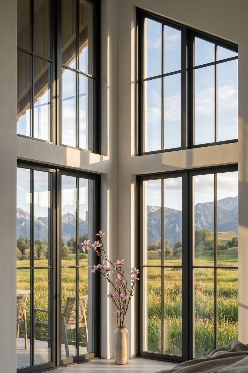 An incredibly lifelike, richly detailed, photorealistic interior shot of a minimalist living room corner set in a luxury desert retreat. The scene is illuminated by low-angle golden hour sunlight streaming through the windows, creating a serene, warm, and sophisticated atmosphere. Captured with a professional 50mm architectural lens, emphasizing the sharp contrast of clean textures and the tranquil landscape beyond.

Towering double-height grid windows are encased in sleek, modern anthracite frames, standing out boldly against the pristine, subtly textured white plaster walls. In the corner, a slender, rustic ceramic vase holds delicate pink magnolia branches, adding an organic elegance to the minimalist design. Through the clear glass panes, a breathtaking, sunlit landscape of rolling green meadows and distant mountain peaks unfolds under a soft, blue sky with scattered clouds. Strong, diagonal shadows of the window grilles cast warm patterns across the bright white walls, accentuating the peaceful, high-end architectural beauty of the space.