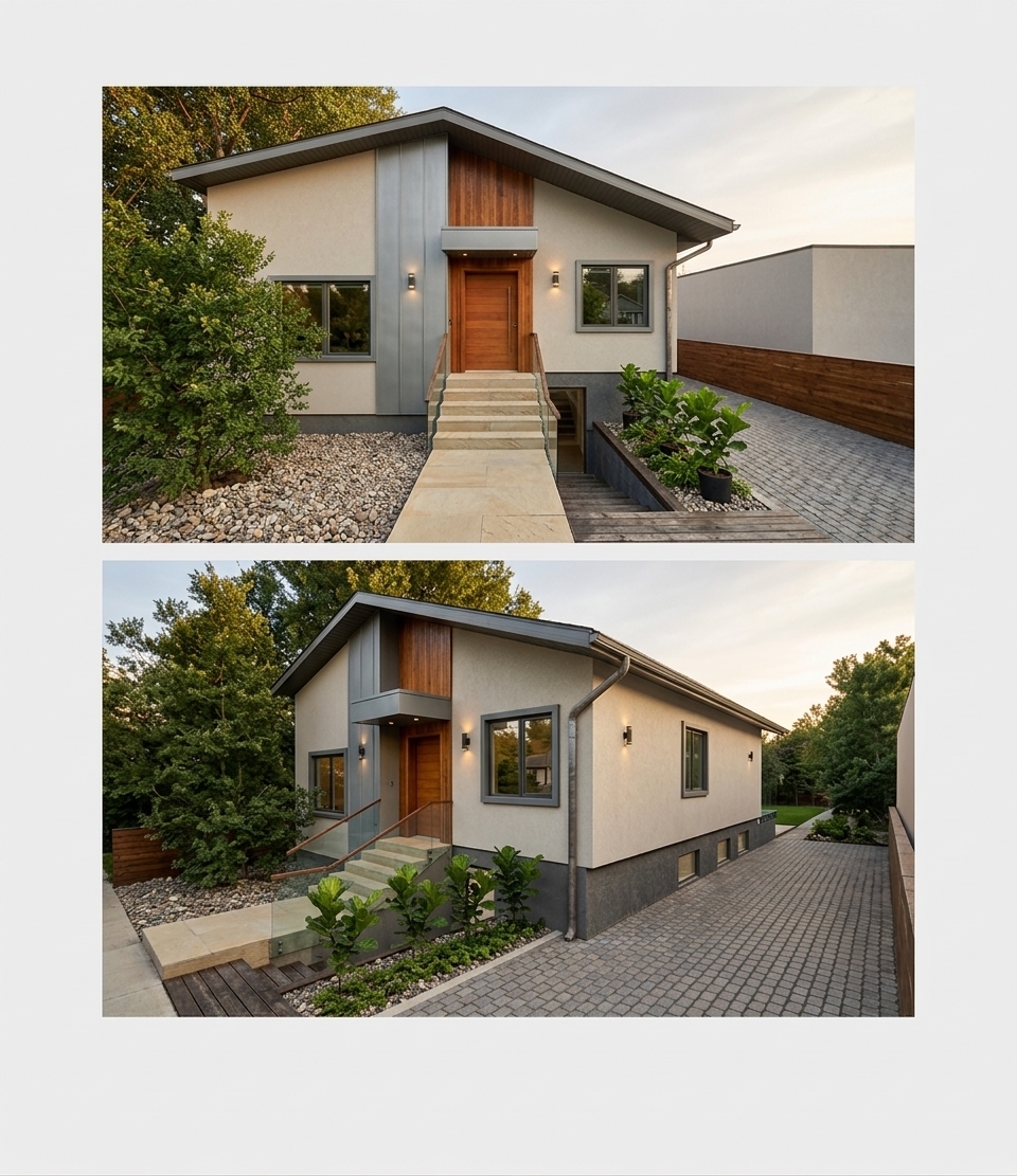 A professional architectural photograph of the modern residential home, captured during the golden hour of a late afternoon. Warm, low-impact sunlight streams in from the side, casting long, soft shadows and highlighting the fine, sandy texture of the light beige stucco facade. The vertical wooden slats and front door exhibit rich, natural wood-grain textures with a soft satin finish. The small exterior sconces are active, casting a gentle, warm conical glow down the walls, while a soft, inviting light shines from within the dark-framed windows, which show realistic sky and foliage reflections. The paved driveway features weathered concrete pavers with subtle tonal variations and sand-filled gaps. The lush green trees and garden beds are filled with vibrant, healthy leaves that catch the golden sunlight, creating realistic translucency and shadow play. The entire scene is rendered with crisp, clean architectural lines, precise depth of field, and a natural, balanced exposure that enhances the material properties and transitions smoothly from highlight to shadow.