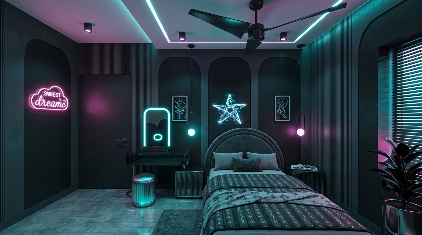 An incredibly lifelike, richly detailed, photorealistic wide-angle interior photo of a futuristic cyberpunk bedroom set in a high-tech urban apartment at night. The scene is illuminated by the moody, low-key glow of vibrant cyan and magenta neon accents, casting eerie reflections across the room and creating a dark, gritty, and cybernetic atmosphere. Captured with a 35mm cinematic lens, emphasizing the matte textures of charcoal gray fluted wall panels, the sleek reflections on a tinted glass and black metal vanity, and the polished concrete floor. In place of the organic shapes, a high-tech bed with a dark gray upholstered headboard is flanked by minimalist metal nightstands, one displaying an open photography book. A holographic wall art piece projects a glowing, rotating cybernetic design onto the wall, replacing the warm decor, while a dark-leaved indoor plant in a polished metal pot catches the sharp neon glare in the corner, completing this sleek, neon-noir sanctuary.