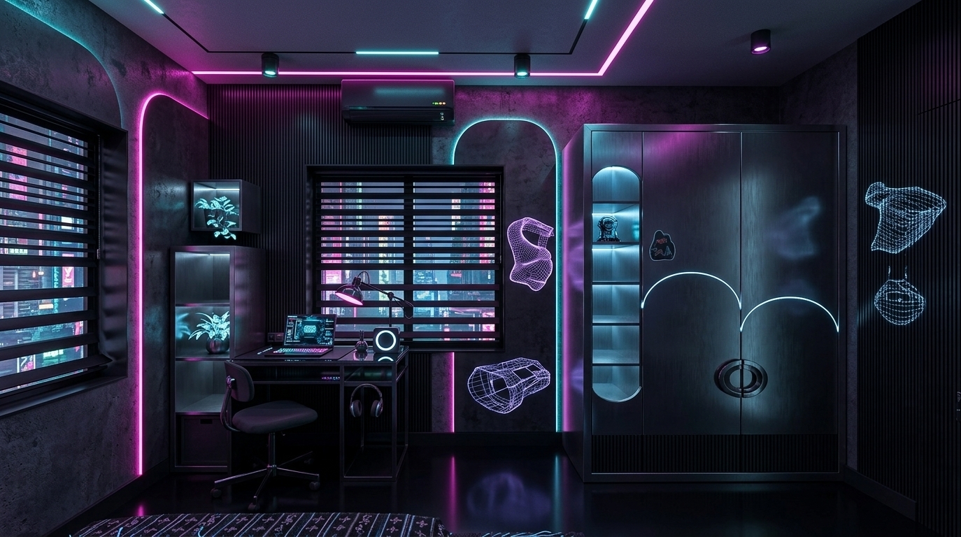 An incredibly lifelike, richly detailed, photorealistic wide-angle interior shot of a futuristic cyberpunk bedroom set in a high-rise urban apartment at night. The scene is illuminated by pulsating neon pink, cyan, and purple LED strip lights recessed into the ceiling and wall panels, creating a moody, high-tech, and atmospheric glow. Captured with a 35mm f/1.8 lens, emphasizing the glossy reflections on dark metal surfaces, the gritty concrete textures, and the vibrant luminescence of the cybernetic elements...

In this transformed neon noir bedroom, the previous wood and pastel tones are replaced with shades of charcoal gray, matte black, and vibrant neon accents. The study desk on the left has evolved into a sleek, minimalist workstation crafted from black metal and dark tinted glass, supporting a high-tech computer interface and a glowing cybernetic keyboard. Where the wardrobe stood, a massive built-in storage unit made of dark brushed steel features glowing geometric LED seam lines and a display niche glowing with cool blue light. The walls are clad in dark, textured concrete panels and custom black vertical slats, integrated with animated holographic wall art projecting glowing wireframe shapes. The light wood floor is now a dark, polished obsidian-like surface that intensely reflects the neon lights from the ceiling recesses, while a bio-luminescent indoor plant in a stealth-black metallic planter completes the high-tech, cybernetic aesthetic.