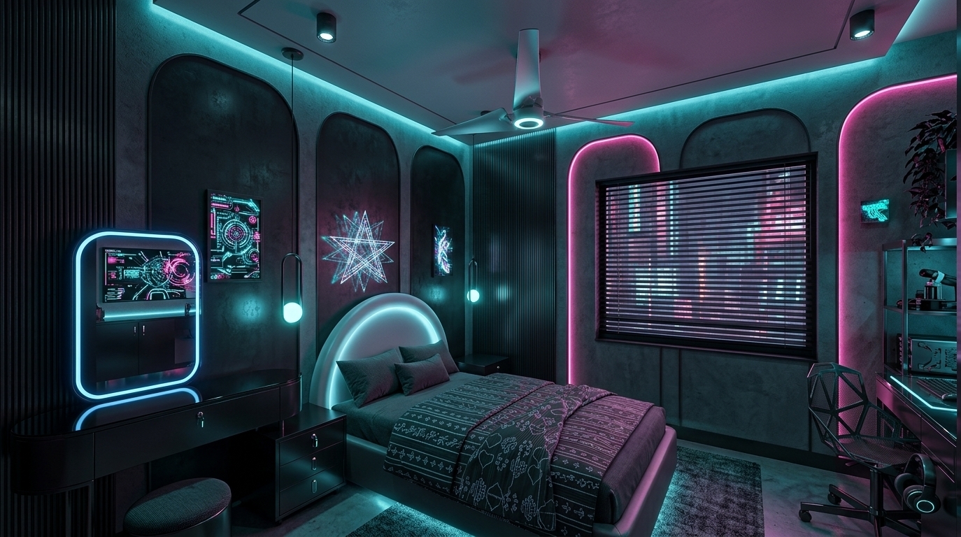 An incredibly lifelike, richly detailed, photorealistic wide-angle interior photograph of a futuristic cyberpunk bedroom set in a high-rise urban apartment at night. The scene is illuminated by humming neon-cyan and hot-pink ambiance leaking from integrated LED strip lights and holographic projections, creating a moody, high-tech, and atmospheric noir atmosphere. Captured with a 35mm prime lens, emphasizing the matte textures of dark gray concrete walls, brushed metal frames, and polished black glass surfaces. 

In this sleek, cybernetic sanctuary, the walls are clad in dark, grooved industrial panels washed in deeply saturated neon tones. A low-profile platform bed is dressed in dark gray tech-fabrics, positioned beneath a mesmerizing piece of flickering holographic wall art that casts geometric light patterns into the room. To the left sits a minimalist matte-black metal vanity table with a tinted glass top and an integrated glowing blue LED mirror. On the right, a high-tech workstation boasts geometric metal and glass shelving populated by advanced cybernetic gear and dark indoor plants that drape over the edges. Every surface, from the polished concrete floor to the minimalist ceiling fixtures, reflects the gritty, high-contrast urban energy of a neon noir cityscape just outside the window.