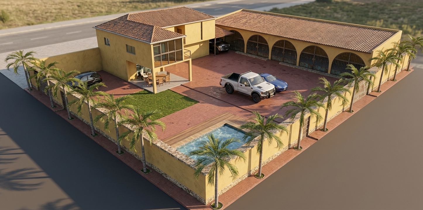 A professional high-angle drone photograph of the single-family residential compound during a warm golden hour afternoon, capturing the exact composition and layout of the scene with absolute realism. The light yellow stucco walls of the main house and the arched outbuilding feature a fine, realistic plaster texture that softly catches the low-angle sunlight. The roofs are tiled with believable terracotta clay, displaying natural variations in tone and subtle weathering. The expansive courtyard is paved with realistic reddish-brown bricks, showing subtle grout lines and minor organic wear. The vehicles—comprising the white pickup truck, the blue sports car, and the dark grey SUV parked under the carport—exhibit glossy paint finishes, realistic glass reflections, and detailed rubber tires. In the foreground corner, the swimming pool is filled with crystal-clear turquoise water, detailing delicate caustics dancing on the pool floor and reflecting the palm trees and sky on its gently rippling surface, framed by a realistic teak-wood deck. The small patch of lawn is composed of lush, individual blades of green grass. Soft, warm architectural accent lighting glows subtly from inside the windows and beneath the balcony, creating an inviting atmosphere, while long, soft shadows cast across the courtyard ground the entire scene in a tangible, lifelike environment.