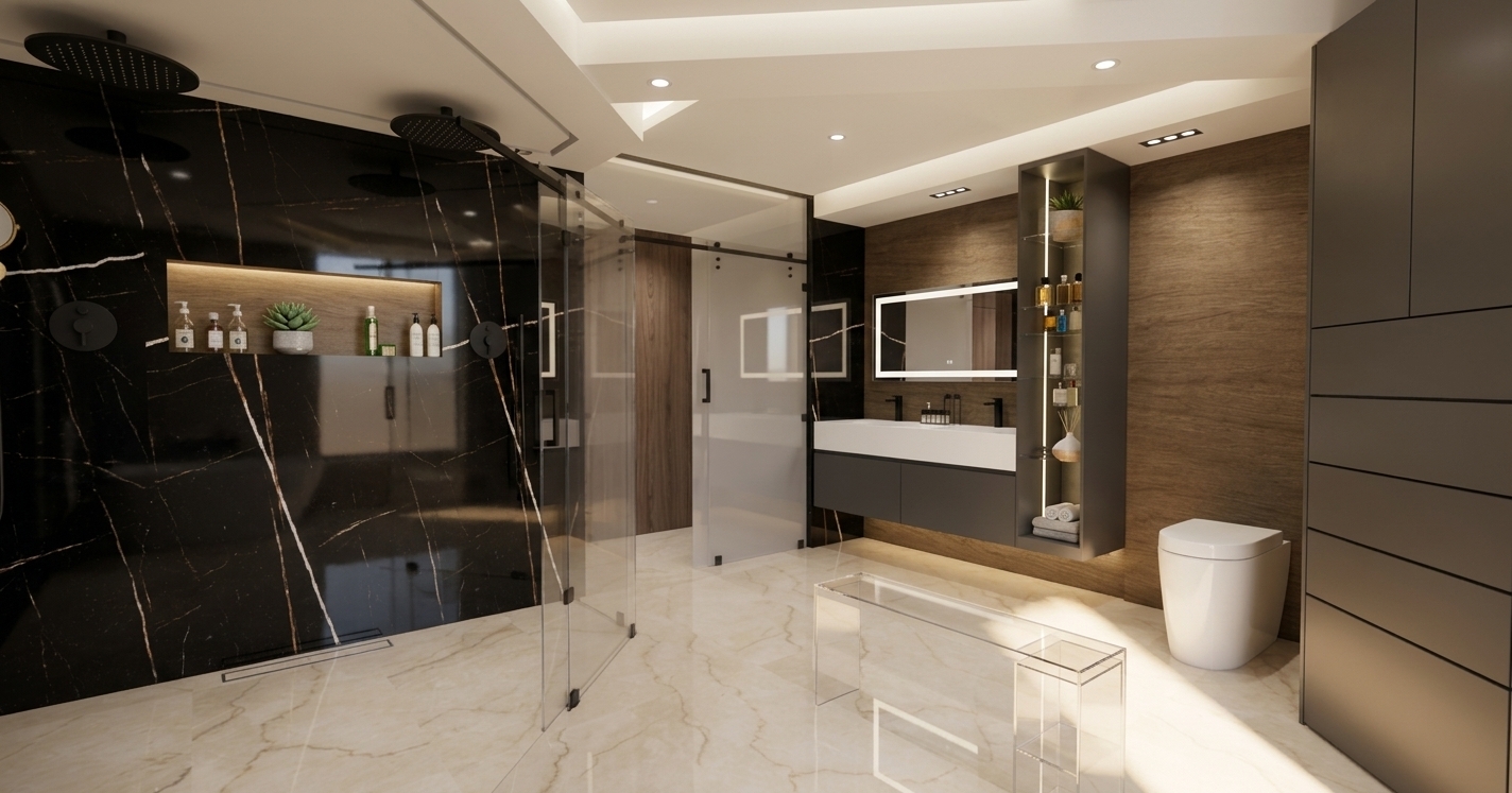 An architectural photograph of a luxury modern bathroom during a bright summer midday, captured with a professional wide-angle tilt-shift lens that keeps all vertical lines perfectly straight. Natural, indirect summer sunlight streams from an off-camera source, illuminating the space with a warm, airy atmosphere and casting soft, realistic shadows. On the left, the wet room features highly polished black marble wall panels with crisp, intricate gold and white veining, accented by the soft texture of a wood-lined niche and matte black shower fixtures. The floor consists of large-format, glossy beige marble tiles that exhibit realistic, slightly wavy reflections of the vanity, glass partition, and ceiling detail. The vanity area is defined by warm wood-paneled walls, a floating dark grey cabinet with a smooth matte finish, and a clean white solid-surface double sink under a large, rectangular backlit mirror emitting a soft, diffused glow. The clear glass shower door and the acrylic bench in the foreground show realistic glass thickness, faint refraction, and subtle green edge tints. The entire scene is rendered with razor-sharp detail, capturing micro-textures in the wood grain, gentle specularity on the ceramic toilet and sink, and a high-end photography feel with natural, very fine film grain and gentle lens vignetting.
