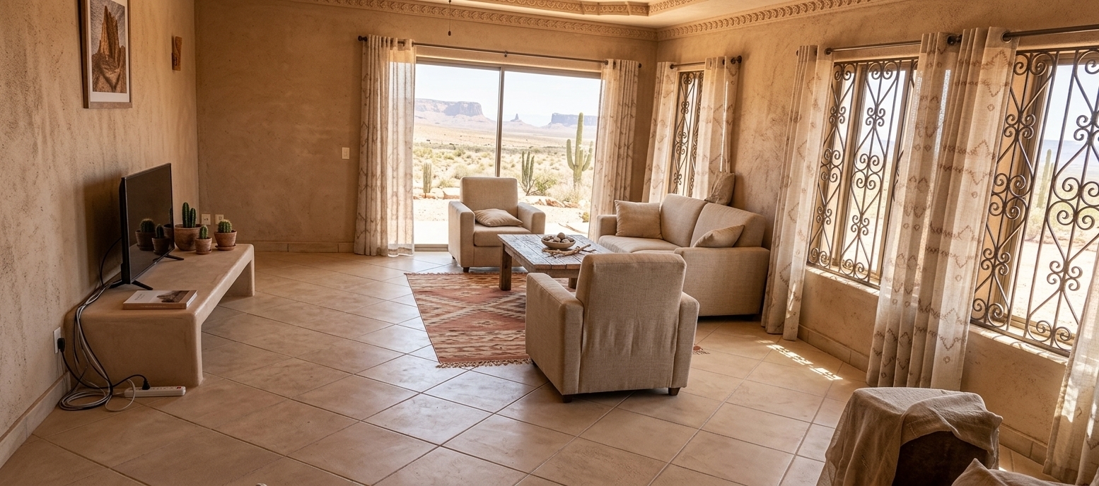An incredibly lifelike, richly detailed, photorealistic wide-angle interior photo of a reimagined living room set in a tranquil Southwestern desert retreat. The scene is illuminated by brilliant, sun-drenched midday summer light streaming through expansive windows, creating a warm, tranquil, and airy atmosphere. Captured with a professional medium format camera, emphasizing the grainy texture of raw adobe walls, the natural fibers of beige linens, and the rough character of rustic wooden furniture. The original space is completely transformed into a minimalist, earth-toned sanctuary featuring a sophisticated color scheme of terracotta, beige, and warm neutrals. Where the blue chairs once sat, low-slung, simplistic lounge chairs now rest on a smooth, sandy-hued micro-cement floor, surrounding a rustic reclaimed wood coffee table. The television and black stand are replaced by a low-profile adobe-plastered bench with pared-down surfaces holding a minimalist photography book and earthy clay pots planted with vibrant green cacti and succulents. The heavy, dark drapery is swapped for sheer, breezy linen curtains that frame a breathtaking view of an arid desert landscape outside, while a stunning piece of desert landscape wall art hangs on the accent wall, completing this serene, highly resolved architectural vision.