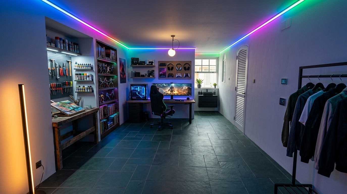An incredibly lifelike, richly detailed, photorealistic wide-angle interior view of a high-tech creative atelier and gaming bedroom set in a modern home. The scene is illuminated by vibrant RGB LED strips tucked into the ceiling's perimeter corners and the warm, colorful glow of screens and hardware, creating an immersive, energetic, and futuristic atmosphere. Captured with a 24mm wide-angle lens, emphasizing the matte texture of the deep-green natural slate floor tiles and the pristine surface finishes of the custom furniture, the room is transformed into a functional techno wonderland. In the first recessed alcove on the left, a robust creative atelier workbench features active art projects, backed by a wall-mounted pegboard holding a neat array of hand tools, paint bottles, and spray cans. The second alcove hosts a tall wood-paneled bookshelf populated with vibrant graphic novels, books, and intricately detailed collectible action figures lit by subtle shelf LEDs. Against the main back wall, a premium gaming setup stars an ultra-wide curved monitor attached to a glowing, high-spec custom PC on a dark oak desk, paired with an ergonomic black gamer chair angled perpendicular to the wall. Floating shelves loaded with textbooks and tech accessories hang above, alongside a designated wall panel displaying high-end wireless headphones, gaming joysticks, and accessories. Flanking the right wall, a minimalist black steel wardrobe rack displays urban techwear garments, while the left foreground corner is occupied by a sleek, futuristic vertical floor lamp that casts a soft amber glow. In the far window alcove, a compact, masculine vanity sink with an elegant matte-black countertop and faucet stands neatly integrated, adorned with a few designer toiletries and a small, vibrant green potted succulent resting on the sunlit windowsill, seamlessly completing this highly curated creative retreat.