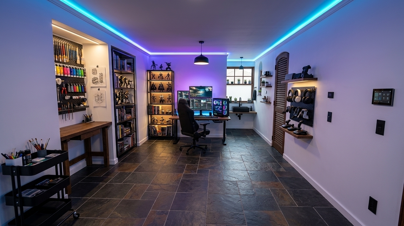 An incredibly lifelike, richly detailed, photorealistic wide-angle interior shot of a techno wonderland bedroom set in a modern, creative male sanctuary. The scene is illuminated by glowing neon blue and purple LED strips concealed along the ceiling trim and warm under-shelf light strips, creating a cozy, high-tech, and atmospheric gaming mood. Captured with a 24mm prime lens, emphasizing the matte finishes, sharp metallic edges, and tactile textures of the space, the original room's layout is preserved with its pristine white walls, rustic dark wood shutter door on the right, and the gorgeous, textured dark natural slate tile floor. In the first deep white alcove on the left, a robust dark oak atelier craft bench is installed, accompanied by an organized pegboard wall displaying neatly arranged paintbrushes, colorful acrylic tubes, and precision tools. Nestled into the adjacent second alcove is a sleek black metal bookcase displaying curated science fiction books, tech manuals, and dramatically backlit collectible action figures. Against the main focal wall in the center, a premium gaming desk supports a wide dual-monitor setup, a state-of-the-art liquid-cooled PC pulsing with RGB lights, and a high-end ergonomic black leather gaming chair. Extending to the right wall, a customized magnetic accessory panel keeps headsets and joysticks neatly mounted, framed by floating wooden shelving holding tech gear. Tucked neatly into the window nook at the rear is a sleek, black ceramic utility sink with a matte-black industrial faucet, styled with small potted succulents along the sill. In the left foreground, a minimalist matte-black cart provides organized extra storage, completing a perfectly balanced, functional, and visually stunning haven designed for both creative artistry and immersive gaming.