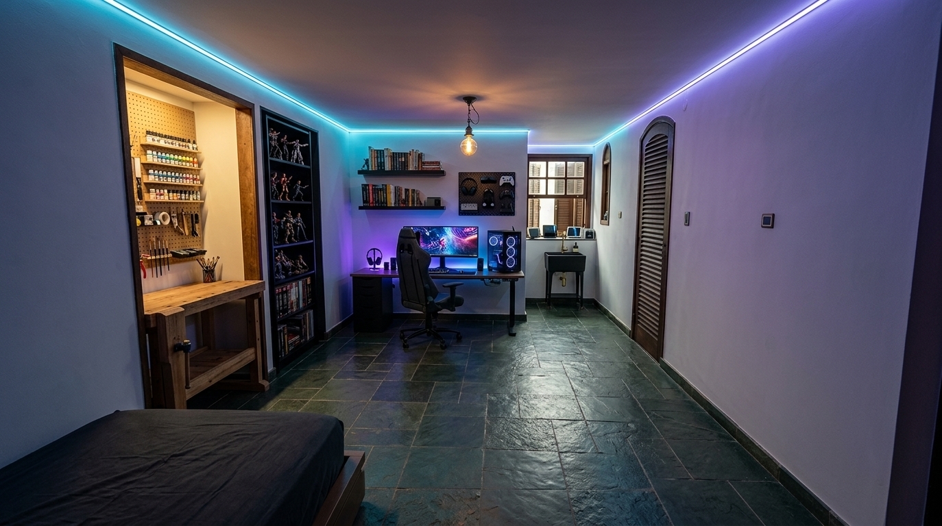 An incredibly lifelike, richly detailed, photorealistic wide-angle interior photo of a tech-infused masculine bedroom set in a creative studio apartment with a dark green natural slate tile floor (ardósia natural). The scene is illuminated by vibrant neon-blue and purple perimeter LED lighting integrated along the ceiling corners, balanced by a warm-white light casting dramatic shadows and creating a moody techno wonderland atmosphere. Captured with a Canon EOS R5, 15-35mm f/2.8 lens, emphasizing the matte, dark, earthy textures of the stone floor, glossy plastic of collectible figures, and the metallic shine of high-tech gear. Without altering the original white walls, window, or dark louvered wood shutter door, the space is reimagined into functional zones: the first alcove on the left features a rugged, natural wood creative atelier workbench complete with a custom wall pegboard holding neat rows of acrylic paints, brushes, and specialized tools; the adjacent second alcove houses a tall, modern black metal bookshelf stocked with graphic novels and intricately detailed action figures. Against the main back wall, a sleek, state-of-the-art gaming desk is positioned, showcasing a large curved ultrawide monitor, a high-performance custom PC tower with glowing internal mechanics, and an ergonomic gaming chair, while the surrounding walls are decorated with floating shelves of books and an organized accessory panel holding a wireless gamer headset and joysticks. Completing the space, a cozy low-profile platform bed with dark charcoal linens sits comfortably in the foreground corner, and near the original window pane, a stylish matte-black utility sink with brass hardware is installed, adding an artistic, workshop-inspired touch that captures the natural light beautifully alongside small tech gadgets on the sill.