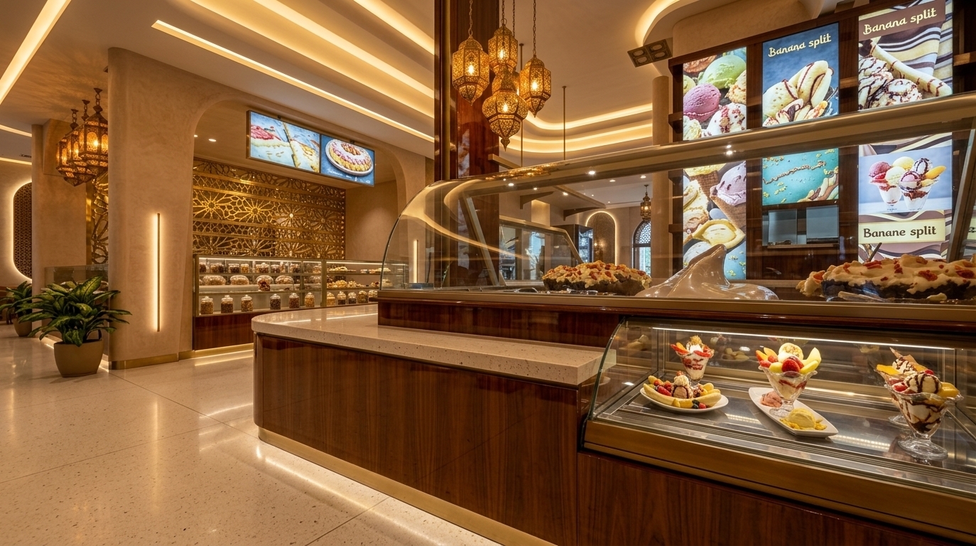 An incredibly lifelike, richly detailed, photorealistic wide-angle interior perspective shot of a luxurious Moroccan-inspired dessert parlor set in an upscale restaurant. The scene is illuminated by warm, indirect LED light bands and the intimate amber glow of hanging ornate brass lanterns, creating a warm, exotic, and sensual atmosphere. Captured with a professional 24mm camera lens, emphasizing the high-gloss finishes of the curved modern counters juxtaposed against intricate architectural textures. In the midground, a stunning gold geometric screen wall highlights the rich Moroccan decor, while colorful display boards showcasing banana splits and ice creams inject vibrant energy into the space. The seamless cream terrazzo floor stretches beautifully into the distance, complemented by lush indoor plants that breathe life into the corners, creating a perfect synthesis of Middle Eastern mystique and sleek, contemporary luxury.