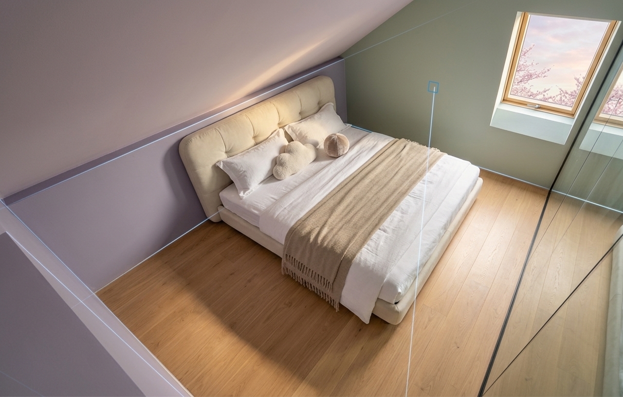 An incredibly lifelike, richly detailed, photorealistic high-angle interior photo of a minimalist attic bedroom haven set in a cozy residential loft during spring. The scene is illuminated by the soft, golden light of a spring sunrise streaming through a sloped skylight window, creating a serene, peaceful, and rejuvenating atmosphere. Captured with a 24mm wide-angle lens, emphasizing the tactile textures of the plush bedding, the tufted headboard, and the gentle play of light and shadow across the room, the composition centers on an inviting bed beautifully dressed in crisp white linen sheets, fluffy pillows, a cloud-shaped cushion, and a textured spherical pillow. A warm, earth-toned beige throw blanket with delicate fringed edges is casually draped across the foot of the bed, adding a layer of cozy warmth. A plush, button-tufted cream-colored headboard rests against a soft, muted sage-green accent wall, while the adjacent sloped attic wall is finished in a soothing, dusty lavender hue. This slanted wall features a deep-set window that invites the early morning pastel light to wash over the smooth, light oak hardwood flooring, highlighting the organic wood grain and creating a harmonious, uncluttered sanctuary that perfectly captures the quiet essence of a spring dawn.