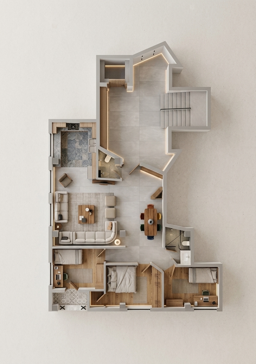 An incredibly lifelike, richly detailed, photorealistic orthographic top-down architectural cutaway diagram of a modern multi-room apartment designed as a minimalist coworking haven set in a bright, contemporary urban building. The scene is illuminated by soft directional natural light streaming from the window openings, balanced with warm-toned integrated LED strips and recessed linear spotlights, creating a serene, highly productive, and inviting atmosphere. Captured with an ultra-high-resolution architectural camera utilizing an orthographic lens, emphasizing the rich, tactile contrast between smooth matte plaster, natural-grain wood planks, and elegant, matte black metal accents.

This sophisticated layout features crisp, smooth matte white and light gray plaster walls accentuated by elegant, warm-toned vertical wood slatted panels. Underfoot, the main living and collaborative workspace flows across large-format, satin-finished light gray porcelain tiles, transitioning seamlessly into natural-grain oak wood planks inside the private bedrooms and quiet workspaces. The main communal area is furnished with a textured off-white linen sectional, a rich solid-wood dining table, and minimalist chairs adorned with subtle accents of terracotta, mustard, deep green, and Prussian blue. The sleek bathrooms display luxurious walk-in showers with floor-to-ceiling clear tempered glass, matte black framing, illuminated recessed stone niches, and white quartz vanities with minimalist vessel sinks. Every detail, from the delicate fabric wrinkles on the beds to the faint, realistic reflections on the glass enclosures, highlights a meticulously designed, high-end minimalist retreat.