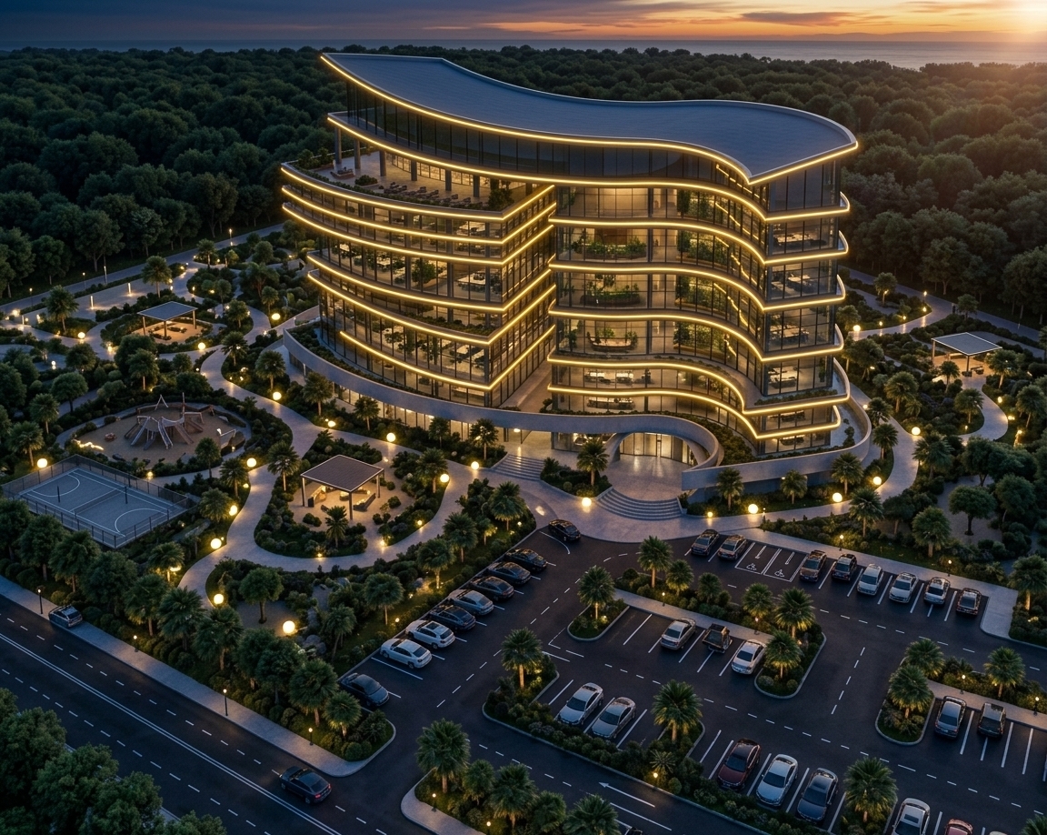 An incredibly lifelike, richly detailed, photorealistic high-angle aerial drone shot of a futuristic, wave-shaped corporate headquarters set in a lush, forested coastal landscape. The scene is illuminated by the fading embers of a dramatic sunset bleeding into a deep twilight sky, accented by vibrant, golden-neon LED ribbons tracing the building's undulating glass facade, creating a moody, high-tech, and sophisticated atmosphere. Captured with a professional architectural tilt-shift lens, emphasizing the crisp contrast between the dark, shadowy canopy of the surrounding forest and the brilliant, reflective glass panels of the sleek, cybernetic structure. The grounds feature meticulously designed minimalist concrete pathways, glowing spherical landscape lights, a miniature modern sports court, and manicured tropical gardens that frame the expansive parking plaza. Reflective surfaces and dark asphalt contrast with the warm, glowing interiors visible through the floor-to-ceiling glazing, highlighting a seamless blend of luxurious grittiness and ultra-modern biophilic design.
