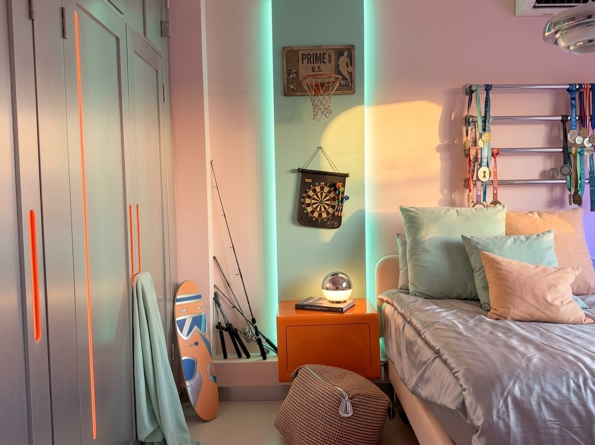 An incredibly lifelike, richly detailed, photorealistic medium wide-angle shot of a retro-futuristic bedroom set in a high-concept mid-century sci-fi residential space. The scene is illuminated by the soft, warm golden light of a breaking sunrise filtering through a rounded window, blending with low-key pastel pink and neon-blue ambient glows, creating a serene, nostalgic, and dreamlike space-age atmosphere. Captured with a Hasselblad H6D-100c with a 35mm lens, emphasizing the smooth textures of polished fiberglass, soft matte-pastel wall finishes, brushed chrome accents, and glowing recessed LED strips.

This reimagined bedroom elevates the space into a masterfully composed retro-future sanctuary. The bed is transformed into a streamlined, low-profile platform with integrated rounded corners, dressed in metallic silver linens and plush pillows in shades of pastel mint and soft apricot. To the left, the dark wood closets are replaced by sleek, floor-to-ceiling sliding panels of brushed aluminum with recessed neon-orange channels that serve as handles. Where the artificial grass strip once stood, a clean, recessed vertical strip of glowing seafoam-green LED light splits the matte-pink gypsum wall. Below it, a glossy, capsule-shaped orange bedside table floats effortlessly, holding a curated photography book and a spherical chrome lamp. On the right, the cluttered medal rack is replaced with a gallery-style arrangement of framed vintage sci-fi posters boasting bold, geometric graphics. A sculptural, metallic snake plant in a gloss-white pedestal planter adds a touch of organic life to the corner, balancing the innovative, high-tech aesthetic with natural warmth.
