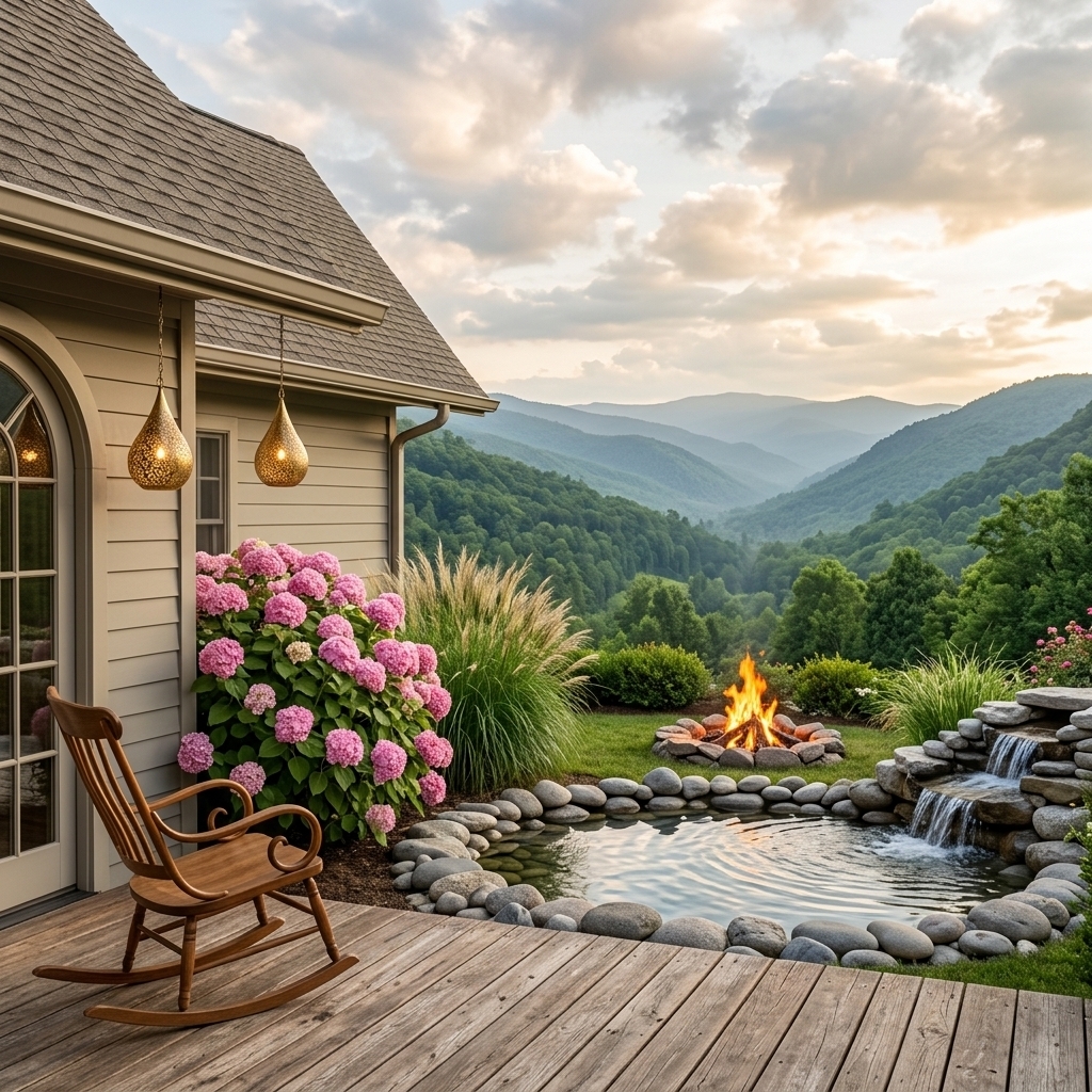 An incredibly lifelike, richly detailed, photorealistic landscape photo of a cozy outdoor patio belonging to a modern classic house with French country charm, set in a breathtaking mountain valley environment. The scene is illuminated by the warm, golden hues of a setting sun filtering through soft, fluffy clouds, creating a peaceful, serene, and cozy atmosphere. Captured with a wide-angle lens, emphasizing the fine textures of the shingled roof, the rustic wooden deck, the smooth river stones bordering the pond, and the vibrant petals of abundant pink hydrangeas and orange wildflowers.

To the left, a portion of the house is visible, displaying elements of classical French country architecture with its muted beige siding, shingled roof, and arched glass doorway. Two delicate, ornate brass teardrop lamps with intricate cutouts hang from the eaves, casting a soft, warm glow. On the wooden-plank deck sits a classic bentwood rocking chair, inviting relaxation. 

Directly adjacent to the deck, a manicured but lush landscape unfolds. A small, clear pond ringed with smooth, gray river stones takes center stage, disturbed only by the gentle ripples from a small, cascading stone waterfall on the right. Next to the pond's edge, a rustic, stone-lined campfire crackles with bright orange flames, adding a touch of rustic warmth. The surrounding foliage is rich and varied: a massive bush of vibrant pink hydrangeas rises near the patio, balanced by tall, feathery ornamental grasses and terraced beds overflowing with pink, orange, and yellow flowers. 

In the background, the garden opens up to a spectacular, far-reaching view of deep green, forested valleys and rolling mountain ridges that fade into a soft, blue-gray haze under a dramatic sky filled with light-infused clouds, perfectly capturing the essence of secluded natural beauty.