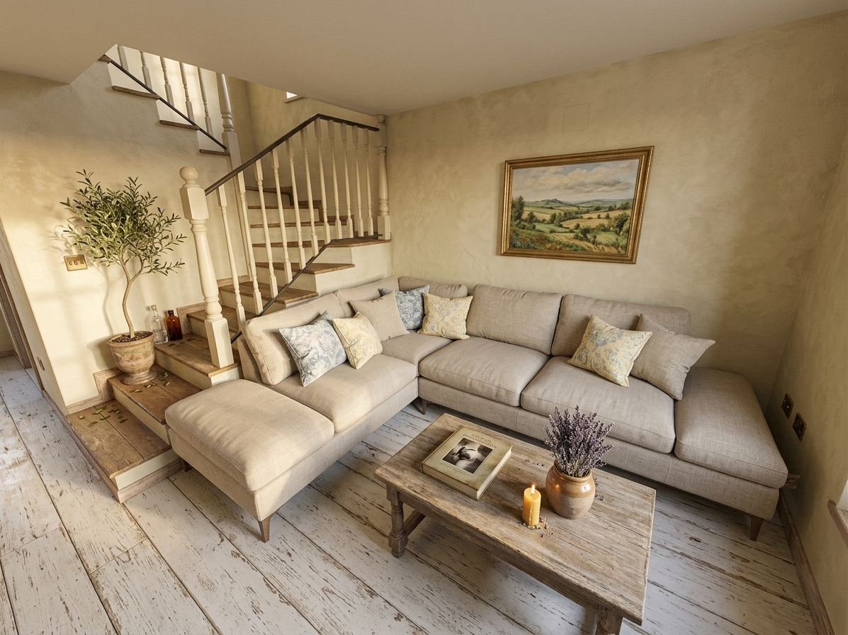 An incredibly lifelike, richly detailed, photorealistic medium-wide shot of a charming French Country living room set in a lovingly restored provincial cottage. The scene is illuminated by soft, golden afternoon light filtering through unseen windows, creating a warm, romantic, and cozy atmosphere. Captured with a 35mm f/1.8 lens, emphasizing the rich textures of weathered wood, soft linen fabrics, and elegant antique finishes...

The plain modern tiles are replaced with wide planks of distressed white-washed oak, introducing instant rustic warmth to the space. In place of the dark sectional sits an elegant, upholstered sofa in a soft oatmeal-toned Belgian linen, decorated with plush throw pillows in faded delft blue and buttercream yellow. The staircase is transformed with heritage oak treads and a classic, cream-painted wooden balustrade that curves gracefully upwards against textured, warm plaster walls. A large, gilded-framed pastoral landscape painting of the rolling French countryside hangs as a focal point. In front of the sofa, a weathered provincial wooden coffee table is beautifully arranged with a thick vintage photography book, a clay jar of dried lavender, and a burning beeswax candle. Tucked near the stairs, a slender potted olive tree in a weathered terracotta urn completes this inviting, cottage-inspired sanctuary with a brush of natural greenery.