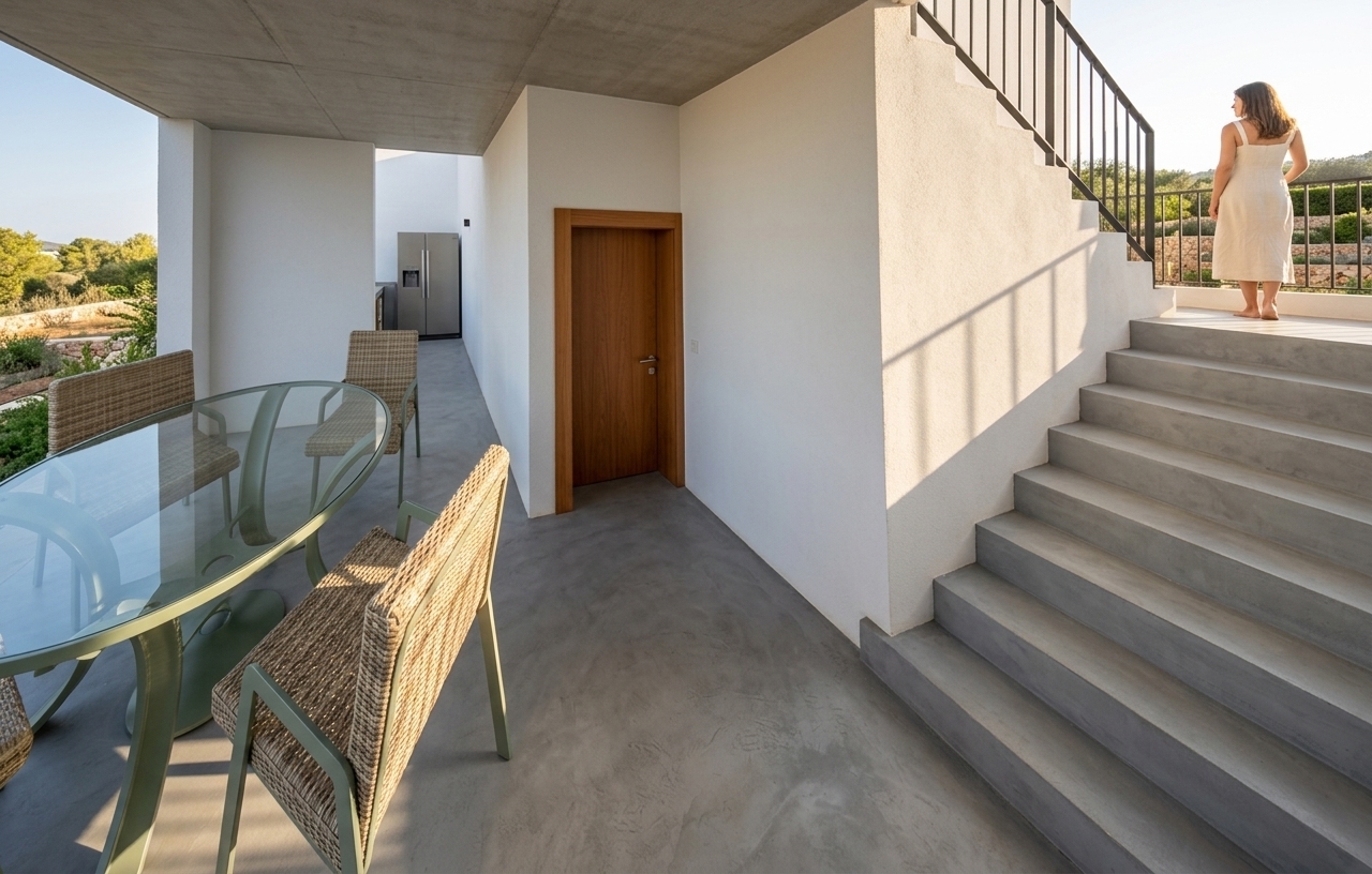 An incredibly lifelike, richly detailed, photorealistic wide-angle eye-level perspective shot of a semi-sheltered terrace transition zone set in a sun-drenched Mediterranean retreat. The scene is illuminated by warm, low-angle late-afternoon sunlight casting dramatic, sharp architectural shadows from the minimalist staircase railing and overhead concrete canopy, creating a tranquil and serene atmosphere. Captured with a professional 24mm wide-angle lens, emphasizing the tactile quality of the smooth micro-cement floor, the intricate woven pattern of the beige wicker benches, and the polished grain of the warm cherry-wood door, the image offers a masterclass in architectural visualization. To the left, a glass-topped dining table with curved, sage-green powder-coated aluminum legs reflects the bright sky above, flanked by low wicker benches that display realistic physical depth and subtle highlights in their synthetic fiber weave. To the right, a solid concrete staircase ascends with a clean, fine-textured white plaster finish, its matte surface contrasting beautifully with the sharp diagonal shadows cast by the black steel handrail. A casually dressed woman in a light cream linen dress stands gracefully near the top of the steps, her back partially turned as she gazes out toward the unseen garden, adding a natural sense of scale and quiet elegance to the space. In the center, a minimalist flush wooden door clad in warm teak veneer catches the direct sunlight, revealing fine grain lines and satin reflections, while the seamless, cool-toned gray concrete floor underfoot perfectly captures soft ambient occlusion in the corners and realistic light bounces off the surrounding pristine white walls.