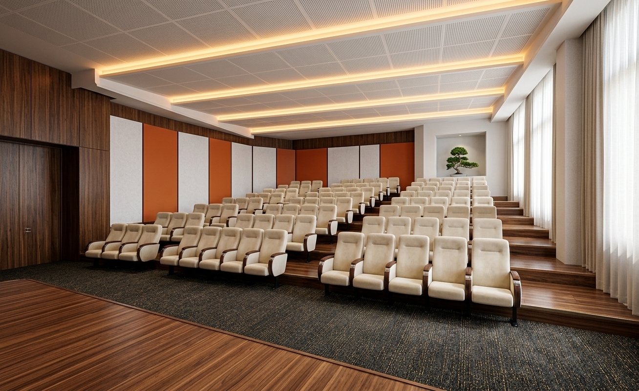 An incredibly lifelike, richly detailed, photorealistic wide-angle interior shot of a grand retro-futuristic study room and lecture theater set in a prestigious academic building. The scene is illuminated by bright, diffused midday spring sunlight filtering through towering windows on the right, balanced by built-in neon-warm cove lighting overhead, creating a nostalgic, space-age, and innovative atmosphere. Captured with a professional medium-format camera and a wide-angle lens, emphasizing the clean geometric lines, streamlined seating, and lush material textures.

The view sweeps across the vast, tiered auditorium from a position near the front stage, where a polished walnut wood floor with a rich, linear grain reflects the overhead illumination. In the transition zone, a textured, low-pile charcoal carpet with subtle metallic gold flecks grounds the space before ascending into the seating tiers. 

Rising up the cascading wooden steps are rows of highly stylized, mid-century-inspired theater seats. Each seat is upholstered in a soft, pastel-cream velvet, accented by curved, aerodynamic dark-wood armrests with subtle chrome metallic details that catch the midday light. 

The walls present a bold, graphic composition: the left flank features deep, wood-paneled cladding, while the back features alternating vertical panels of textured white acoustic felt and retro-orange lacquer, evocative of illustrations from vintage sci-fi posters. Overhead, a massive, gridded acoustic tile ceiling is segmented by stepped channels with concealed LED strip lighting, adding a futuristic, spaceship-like canopy to the hall. On the far right, towering window bays draped in sheer, flowing linen curtains diffuse the bright spring daylight, while a small, stylized indoor bonsai plant sits in a minimalist alcove at the back, blending organic tranquility with retro-futuristic precision.