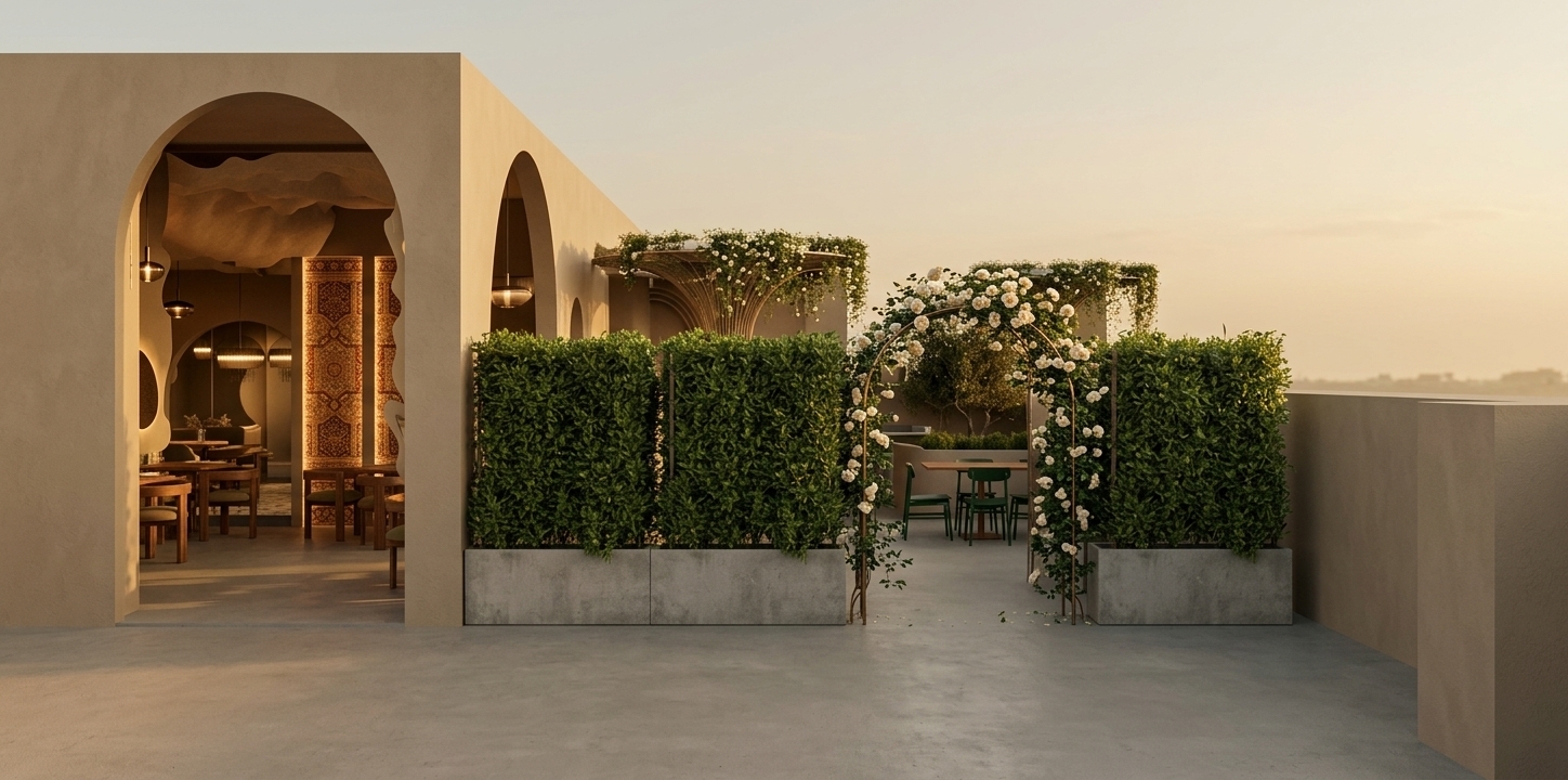 An incredibly lifelike, richly detailed, photorealistic landscape wide shot of an upscale rooftop restaurant terrace celebrating contemporary Indian exuberance set in a luxurious urban oasis. The scene is illuminated by the soft, warm glow of late afternoon golden hour light, creating a serene and opulently welcoming atmosphere. Captured with a professional 24mm tilt-shift lens, emphasizing the smooth matte texture of the sand-colored plaster arches, the lush, highly detailed foliage of dense green privacy hedges, and a delicate metal archway overflowing with climbing white roses. Through the grand, elegant glass-paneled archway, glimpses of the vibrant indoor dining area reveal sophisticated Indian decor with rich textile patterns, warm wooden seating, and soft interior lighting. The outdoor terrace is minimally dressed with deep green designer chairs and minimalist tables, beautifully contrasted against the vast, warm, haze-filtered sky, creating a perfect blend of modern architecture and lush, natural luxury.