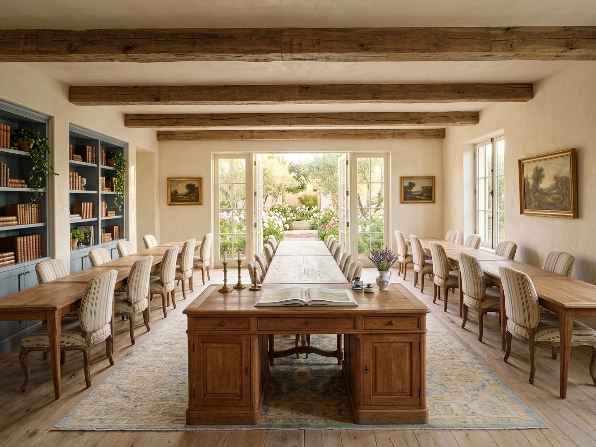 An incredibly lifelike, richly detailed, photorealistic wide-angle interior shot of a grand home office infused with French country charm set in a classic, light-filled provincial cottage. The scene is illuminated by soft, warm golden hour sunlight streaming through tall French casement windows, creating a cozy, romantic, and inviting atmosphere. Captured with a 35mm lens, emphasizing the weathered grain of aged oak, the delicate linen textures, and the soft patina of antique brass accents.

Where a sterile, cold lecture layout once stood, a magnificent and warm home office now emerges, celebrating provincial elegance and natural textures. The drop-tile ceiling has been replaced by heavy, hand-hewn rustic wooden beams running across a soft, plaster-washed ceiling. Underfoot, the cold flooring is replaced with wide-plank, distressed white oak floorboards, partially covered by a large, faded Aubusson rug featuring muted shades of soft sky blue, warm cream, and gentle buttery yellow.

In place of the rows of plastic conference tables, a grand, double-sided partners desk crafted from weathered cherry wood commands the center of the room. Atop this lovingly arranged surface rests an open, heavy-bound photography book showcasing European pastures, alongside a vintage ceramic inkwell, some antique brass candlesticks, and a delicate porcelain vase holding fresh lavender. Instead of modern rolling chairs, comfortable vintage Bergère chairs with distressed wooden frames and cream-and-blue ticking-stripe linen upholstery offer a luxurious place to sit and work.

The clean white walls and projection screens have been transformed into soft, cream-colored lime-washed plaster walls, adorned with beautifully framed pastoral oil landscapes depicting rolling hills, sheep, and warm country roads. To the sides, built-in floor-to-ceiling bookshelves painted in a dusty, muted blue house a collection of leather-bound novels, weathered stoneware, and small indoor plants like potted ivy and terracotta-bound ferns.

At the far end of the room, replacing the heavy drapes, elegant French doors swing open to reveal a private courtyard with a view of a sun-drenched garden filled with blooming roses and olive trees. This seamless connection to nature enhances the airy, peaceful, and balanced feel of the entire space, turning a once-impersonal corporate setting into an intimate, inspiring, and timeless workspace sanctuary.