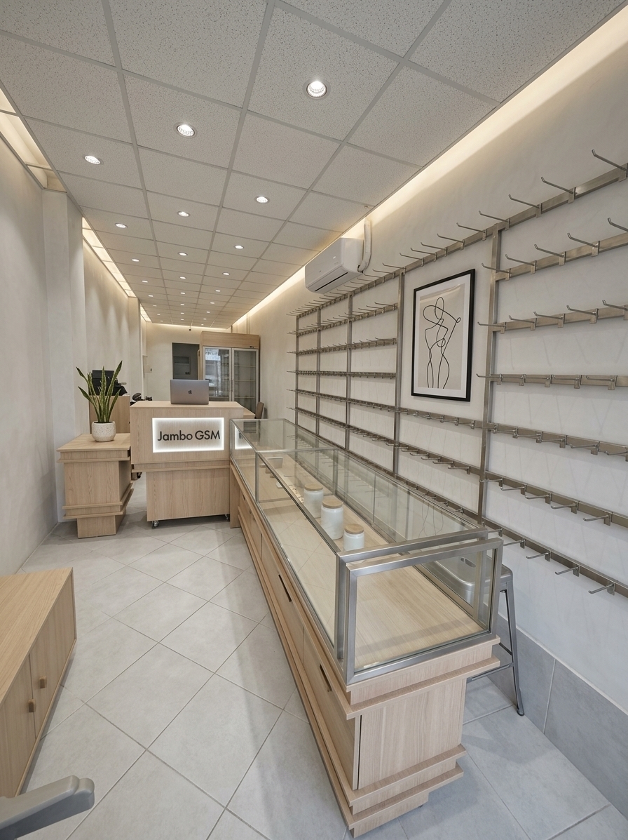 An incredibly lifelike, richly detailed, photorealistic wide-angle interior photo of a reimagined minimalist tech workshop and boutique studio set in a streamlined, modern retail space. The scene is illuminated by soft, diffused daylight blending with recessed warm cove lighting, creating a serene, focused, and sophisticated atmosphere. Captured with a professional medium format camera and 24mm tilt-shift lens, emphasizing the smooth textures of matte white walls, pale oak wood grain, and sleek brushed metal surfaces. 

This elegant workshop masterfully balances function and serenity, transforming the narrow space into a clutter-free, zen-inspired sanctuary. In place of crowded retail displays, the side wall features a smooth monochromatic plaster finish adorned with a single piece of framed abstract line art in charcoal and cream. A long, continuous workbench crafted from light pale oak and supported by a recessed black steel frame runs along the length of the room, offering an organized, streamlined space for intricate work. On the uncluttered, matte-gray solid surface, a single open photography book and a minimalist ceramic pot housing a delicate, vibrant green snake plant provide artistic, natural accents. Soft-closing hidden storage drawers beneath the counter maintain the pristine, elegant look, while a simple, sleek metal stool offers functional, low-profile seating that completes this harmonious, modern design.