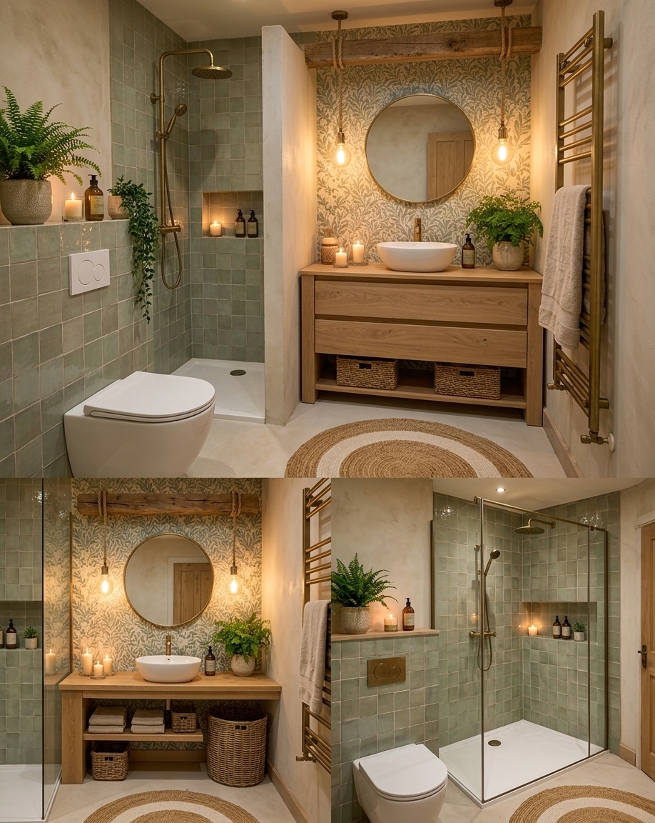 An incredibly lifelike, richly detailed, photorealistic wide-angle interior photograph of a cozy, rustic bathroom brimming with French country charm, set in a compact 4-square-meter space measuring precisely 211x182 cm. The scene is illuminated by glowing warm candlelight and soft, ambient Edison bulb pendants suspended from a raw timber ceiling beam, creating a serene, intimate spa-like atmosphere. Captured with a professional 24mm wide-angle lens, emphasizing the tactile textures of handmade sage-green ceramic wall tiles, soft plaster walls, and natural woven wicker baskets, the layout is cleverly redesigned for maximum functionality. To the side, a wall-hung ceramic toilet is cleanly integrated next to a solid, built-in partition wall that separates it from a 90x90 cm corner shower cabin, replacing the open glass sheet for enhanced privacy. At the center of the design sits a refined 80 cm wide vanity cabinet crafted from natural light oak, featuring spacious integrated drawers that provide elegant storage solutions beneath a white vessel sink. All plumbing fixtures, including the sleek mixer tap, the shower system, and the dual-flush plate, are finished in a weathered antique old gold, giving the space a luxurious vintage touch that beautifully contrasts with the botanical leaf-patterned wallpaper and lush green potted ferns.