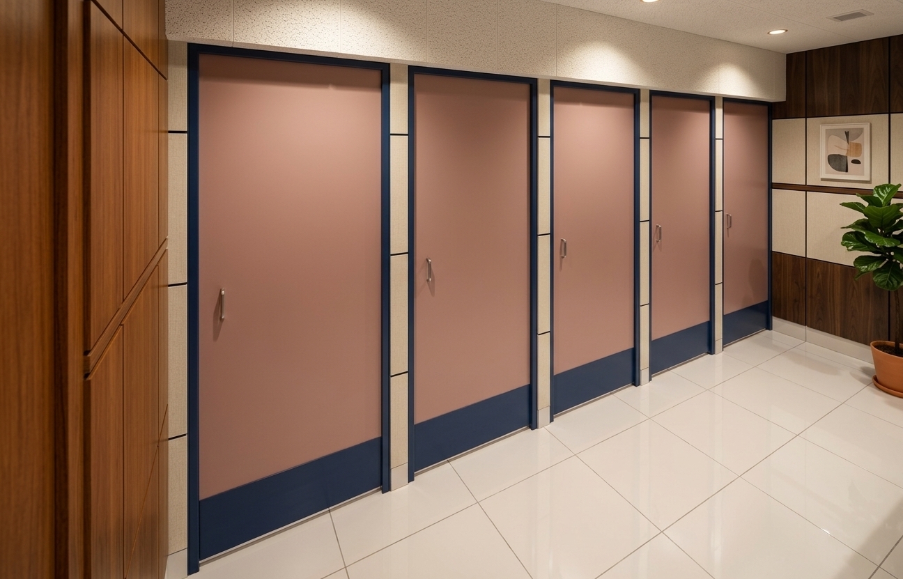An incredibly lifelike, richly detailed, photorealistic wide-angle perspective photograph of a pristine commercial restroom row set in a sophisticated mid-century modern hotel bathroom. The scene is illuminated by soft, recessed warm downlights that cast gentle ambient glows across the textured ceiling, creating an uncluttered and serene atmosphere. Captured with a 35mm architectural lens, emphasizing the smooth, dusty-rose laminate finish of the stall doors paired with bold, navy-blue frames and kickplates. Large-format, polished white ceramic floor tiles catch subtle reflections, stretching the perspective towards a sleek, clutter-free space. Accents of warm teak and walnut paneling along the adjoining walls harmonize with shades of earth tones and abstract wall art, while a vibrant green indoor plant breathes life into this timeless, retro-inspired sanctuary.