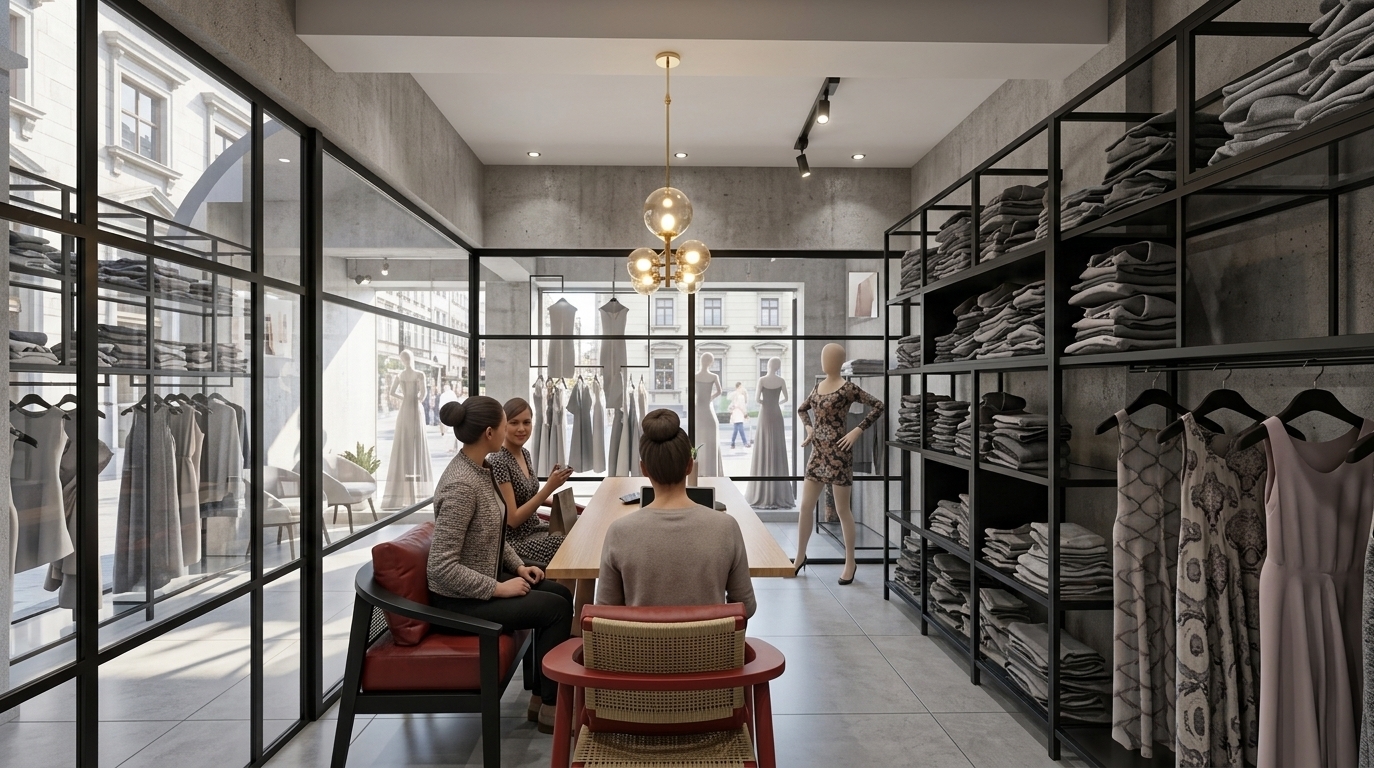 An incredibly lifelike, richly detailed, photorealistic interior photo of a contemporary clothing store designed as a minimalist haven set in a bustling urban district. The scene is illuminated by bright midday light streaming through expansive glass-paned walls, creating a serene, elegant, and highly functional atmosphere. Captured with a professional wide-angle lens, the rendering emphasizes the contrasting textures of raw concrete walls, sleek black metal clothing racks, and the warm, streamlined wooden furniture. This uncluttered retail space features monochromatic gray tones accented by neatly organized garments in subtle pastels, simple zen-inspired black and red lounge chairs, and a central wooden table where people gather beneath a modern, golden bubble-pendant light. Mannequins in stylish patterned attire line the transparent storefront, framing views of the city beyond and completing this sophisticated, modern retail experience.