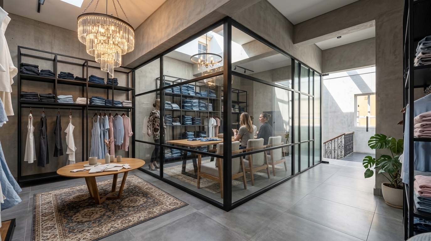 An incredibly lifelike, richly detailed, photorealistic wide-angle interior photo of an upscale clothing store designed as a minimalist haven, set in a modern urban retail district. The scene is illuminated by bright midday light complemented by the warm, glittering glow of an elegant multi-tiered crystal chandelier, creating a serene, sophisticated atmosphere. Captured with a professional 35mm lens, emphasizing the tactile concrete finishes, crisp black metal frame lines, and smooth tile flooring, the layout centers around a glass-enclosed consultation room framed in sleek black metal, showcasing a functional, streamlined meeting space inside. In the retail gallery, clothing displays are kept meticulously uncluttered with garments curated in shades of white, gray, and subtle pastels hung on sleek metal racks. A central oval wooden table is placed over a classic patterned rug, showcasing minimal decor, while raw concrete walls and a thriving potted indoor plant infuse a Zen-inspired calming energy into this modern, elegant, and highly functional space.