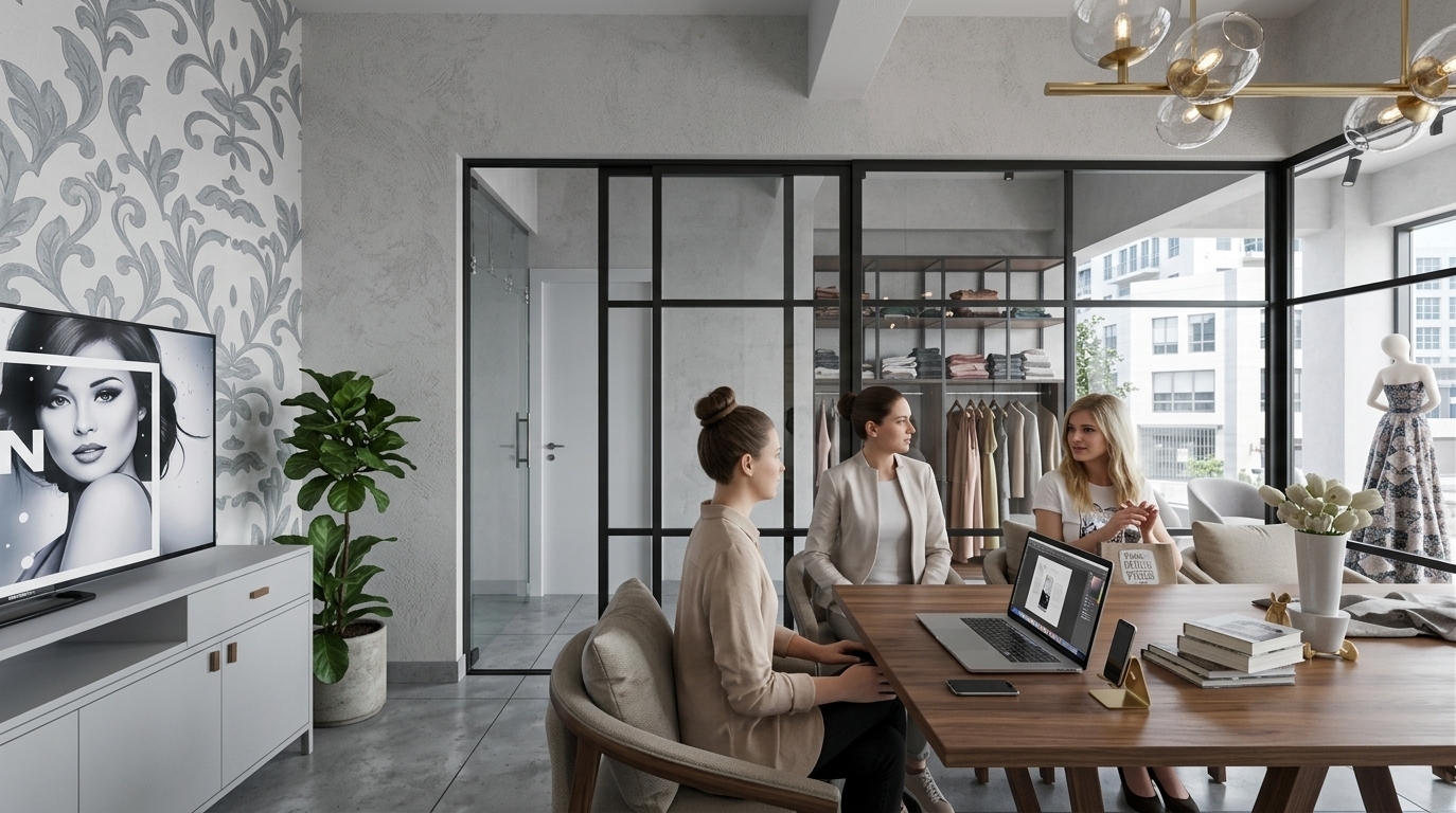 An incredibly lifelike, richly detailed, photorealistic eye-level interior photo of a collaborative workspace within a chic clothing store, reimagined as a minimalist haven. The scene is illuminated by bright, natural midday light streaming through expansive glass windows, creating a serene and productive atmosphere. Captured with a professional wide-angle lens, emphasizing the clean lines, smooth wood textures, concrete finishes, and clutter-free surfaces, the interior displays a perfect balance of modern functionality and elegance. Three women sit in zen-inspired chairs around a sleek, streamlined wooden desk equipped with a modern silver laptop, a smartphone, and neatly stacked photography books. Behind them, a refined black metal and glass screen partition separates this workspace from the main boutique area, where organized clothing racks and a styled mannequin are visible. The cool, monochromatic palette of the plaster-textured concrete walls is softened by a delicate, patterned accent wall, a lush green indoor plant, and a sculptural gold bubble chandelier that casts a soft, warm glow over this beautifully curated, uncluttered creative studio.