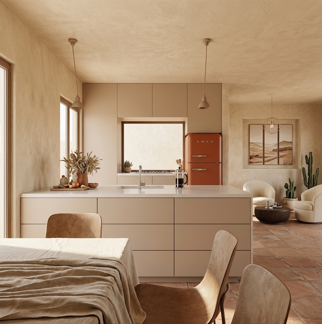 An incredibly lifelike, richly detailed, photorealistic interior photo of a minimalist kitchen and dining space set in a serene desert retreat. The scene is illuminated by sun-drenched, midday spring light streaming through the side windows, creating a warm, tranquil, and arid-luxe atmosphere. Captured with a professional architectural camera, emphasizing the highly textured adobe walls, soft terracotta surfaces, and rustic wooden details. 

The kitchen island and cabinetry are finished in soothing shades of beige and warm neutrals, accented by minimalist pendant lights hanging overhead. In the foreground, a dining table draped in a soft linen cloth is paired with earthy, sculptural chairs. Beyond the kitchen, the open-plan living area features cozy lounge seats in cream fabric, a desert landscape triptych wall art installation, and delicate desert-inspired decor like potted cacti and succulents, evoking a beautifully simplistic, southwestern architectural aesthetic suitable for a high-end photography book.