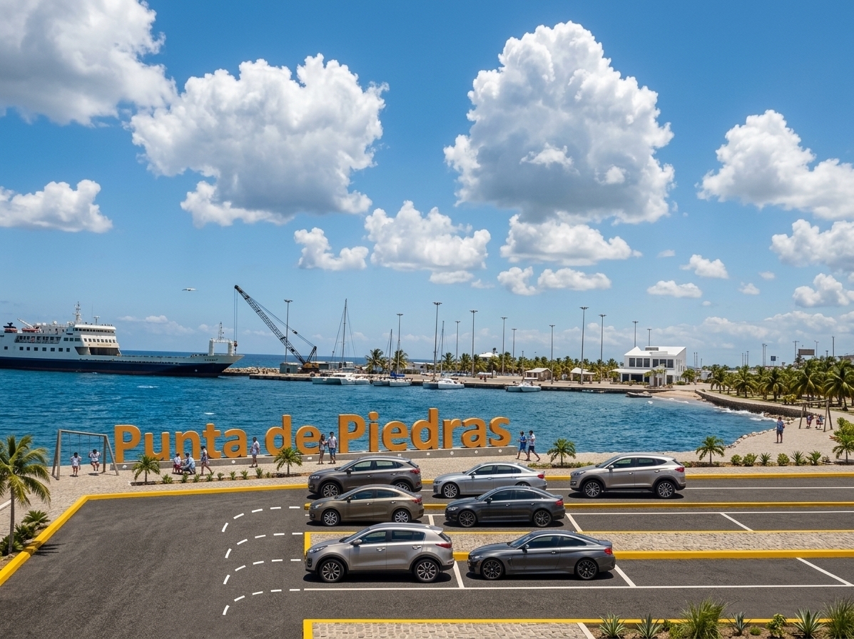 An incredibly lifelike, richly detailed, photorealistic wide-angle landscape shot of a revitalized coastal parking area and beachside promenade set in a sunny coastal environment. The scene is illuminated by bright, direct midday summer sunlight, creating a vibrant, breezy, and welcoming atmosphere. Captured with a professional 24mm architectural lens, emphasizing the textured ecological paving stones, the bold painted borders, and the clean design of the beachfront infrastructure...

This coastal development features a dedicated parking zone with curbs painted in a vibrant, safety-yellow finish. Running parallel to the parking spaces is a pedestrian promenade paved with sustainable ecological cobblestones (adoquín ecológico). The walkway is landscaped with low-lying coastal vegetation and small, young palm trees planted in neat borders. Thoughtful urban amenities, such as wooden swings designed for adults to relax and enjoy the sea breeze, are positioned along the pathway. Proudly facing the water are large, three-dimensional concrete letters spelling "Punta de Piedras," painted in a warm, textured orange with integrated ground-up spotlights designed to illuminate them at night. In the background, marine vessels and a blue ocean complete this inviting seaside retreat.