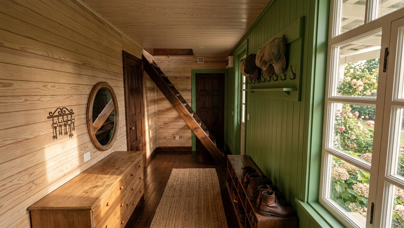 An incredibly lifelike, richly detailed, photorealistic wide-angle interior photo of a reimagined mudroom set in a warm country cottage. The scene is illuminated by soft, natural afternoon sunlight streaming through a large white-framed French window, creating a inviting and serene atmosphere. Captured with a professional 35mm lens, emphasizing the tactile wood grains, smooth painted finishes, and the harmonious play of light and shadow, the space perfectly embodies French country charm. The original light-toned horizontal wood paneling on the left wall, the dark wood paneled doors, and the simple wooden stairs in the background remain carefully preserved. On the left wall, just beside the elegant circular wood-framed mirror hanging over the warm-toned wooden dresser, a charming, small rustic key holder has been mounted. The right wall has been beautifully updated with vertical wood planks painted in a rich, saturated pistachio green. On this wall, a matching pistachio-green coat rack features an integrated top shelf for hats and classic dark metal hooks, while a low-profile wooden shoe rack sits neatly below it on the polished dark wood floor, creating a balanced, functional, and highly inviting entryway.