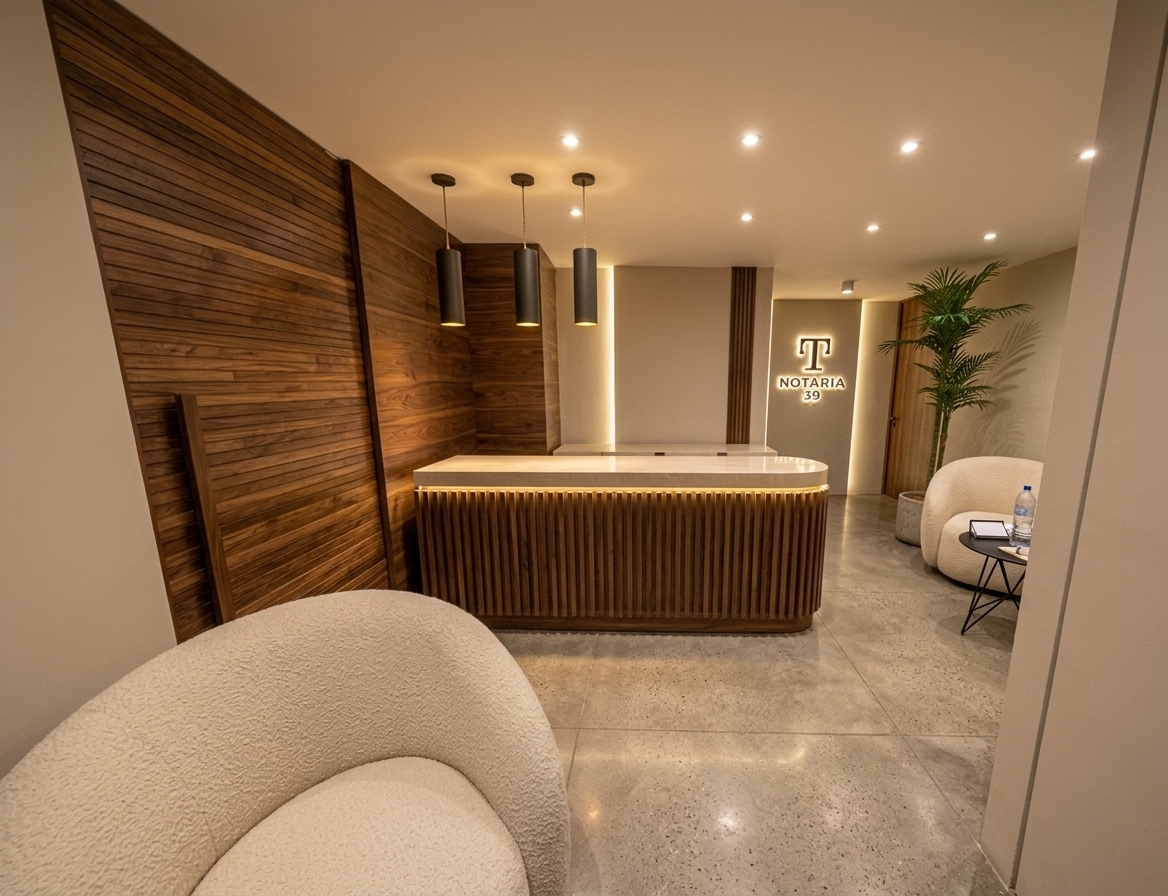 An incredibly lifelike, richly detailed, photorealistic wide-angle interior photo of a minimalist notary office reception lounge set in a sleek, modern commercial building. The scene is illuminated by a cozy blend of golden under-counter LEDs, deep-toned cylindrical pendant lights, and a constellation of warm, recessed ceiling spotlights, creating a serene, executive, and welcoming atmosphere. Captured with a professional 24mm wide-angle lens, prioritizing the tactile cream-colored boucle upholstery of the rounded lounge chairs and the rich, organic texture of the horizontal timber accent walls. In the center, a streamlined reception counter features a smooth, glowing light countertop resting on a screen of thin, vertical wood slats. The background wall showcases a beautifully backlit logo for "NOTARIA 39," while a slender potted palm tree and a sleek, wire-frame side table in the corner add clean, zen-inspired touches to this uncluttered, highly sophisticated space.