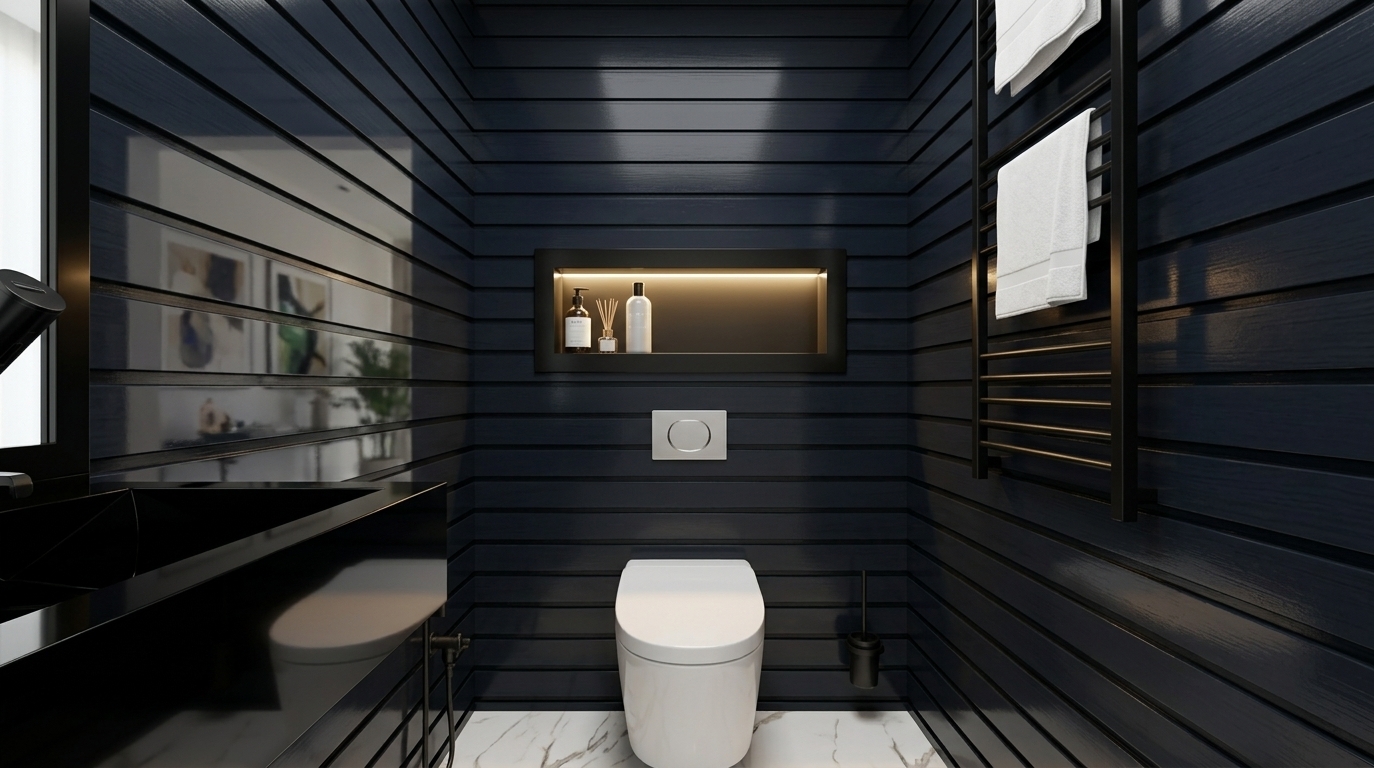 An incredibly lifelike, richly detailed, photorealistic interior photo of a sleek, modern fusion powder room set in a sophisticated urban apartment during a bright summer midday. The scene is illuminated by crisp, diffused integrated LED lighting from a recessed niche, creating a clean, dynamic, and highly refined atmosphere. Captured with a premium 24mm architectural lens, emphasizing the incredibly smooth, high-gloss surfaces, sharp geometric lines, and mirror-finished reflections, the composition centers on a modern, wall-hung white toilet set against a deep navy, horizontally-slatted accent wall. Directly above the toilet, an illuminated rectangular niche framed in bold matte black showcases minimalist vanity bottles, while to the right, a matching matte black heated towel rail holds pristine white towels against the highly reflective pale grey tiled walls. To the left, a cantilevered black vanity cabinet offers a glass-like finish, reflecting the luxurious white-and-grey veined marble flooring below. To complete the modern fusion aesthetic, subtle hints of metallic elements and the reflection of an adjacent open-concept hall suggest a curated lifestyle space complete with abstract wall art, a display photography book, and a touch of lush greenery just out of the frame.