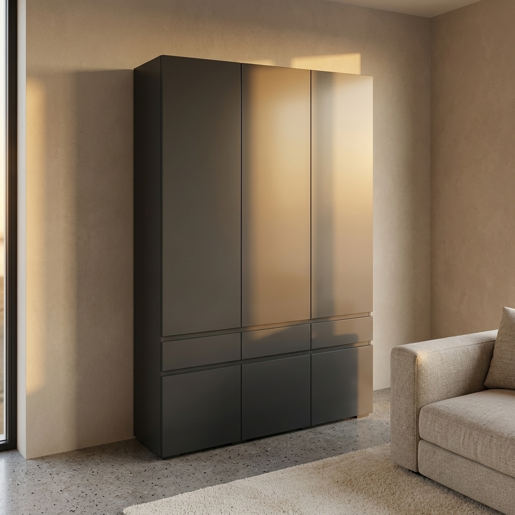An incredibly lifelike, richly detailed, photorealistic interior photo of a sleek, modern charcoal-gray wardrobe standing flush against a warm, neutral-toned plaster wall next to a low-profile, linen-upholstered contemporary sofa, set in a luxurious hotel suite designed as a minimalist haven during a serene summer evening. The scene is illuminated by the rich, warm golden rays of a setting sun streaming through an adjacent window, casting soft, elongated shadows and creating a peaceful, warm, and sophisticated atmosphere. Captured with a professional 35mm focal lens, emphasizing key textures and details such as the flawless, ultra-matte satin finish of the cabinet doors, the tactile weave of the nearby sofa fabric, and the subtle ambient glow reflecting off the clean, geometric lines of this elegant architectural space.