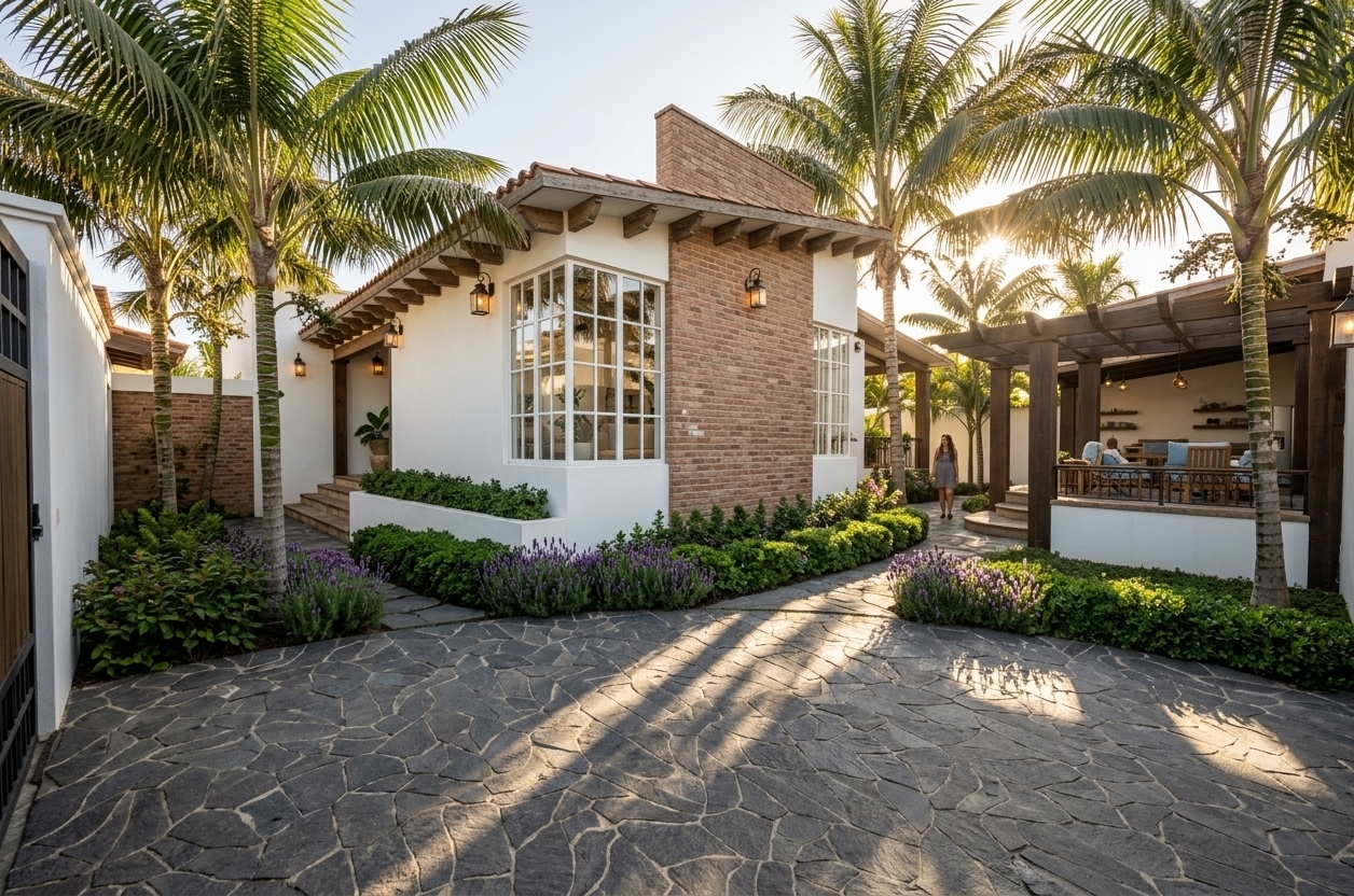 An incredibly lifelike, richly detailed, photorealistic wide-angle architectural photo of a contemporary Mediterranean retreat house exterior set in a lush, coastal environment. The scene is illuminated by intense, low-angled golden sunlight piercing through the canopy of surrounding palm trees, creating a relaxed, sun-drenched, and warm atmosphere that feels like a page from a high-end photography book or a stunning piece of Mediterranean landscape wall art. Captured with a professional medium-format camera and a wide lens, emphasizing the organic, textured surfaces of the dark-gray flagstone paving in the foreground, the vibrant greens of the manicured hedges, and the brilliant purple lavender flowers lining the pathways. The architecture elegantly fuses rustic and modern elements, featuring clean white stucco walls, a prominent brick accent in shades of terracotta, and exposed wooden rafters supporting a terracotta-tiled roof. Large, multi-paned white bay windows reveal glimpses of an inviting interior decorated with casual, warm neutrals, indoor plants, and cozy Mediterranean-inspired decor. To the right, an outdoor pavilion featuring heavy wooden columns, rustic wooden furniture, and elegant wrought iron accents shelters an open-air lounge decorated with soft blues and neutral-toned textiles, enhancing the earthy, aged beauty of this exquisite and casual coastal sanctuary.