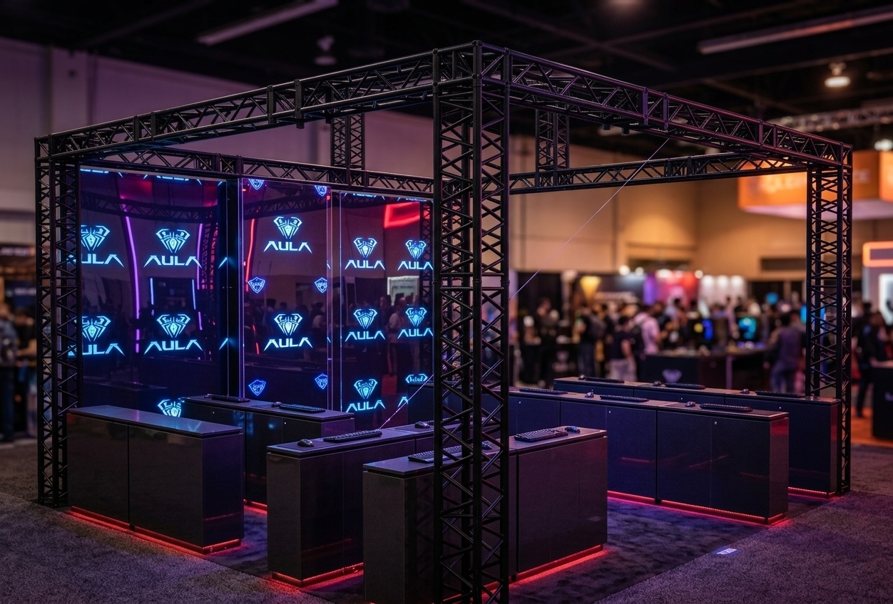 An incredibly lifelike, richly detailed, photorealistic wide-angle interior shot of a premium gaming technology booth set in a bustling, high-end computer exhibition hall. The scene is illuminated by moody neon blue, deep violet, and vibrant crimson lighting casting sharp reflections, creating a commanding neon noir atmosphere. Captured with a 24mm f/2.8 lens, emphasizing the matte black painted finish of the heavy-duty aluminum structural trusses, the glowing, high-contrast backlit "AULA" graphics on the partitions, and the sleek, polished surfaces of the dark demonstration counters lined with subtle LED accent strips. The charcoal carpeted floor reflects the moody cyberpunk lighting from above, while the background softly blurs into the warm, ambient glow of the surrounding bustling convention center.