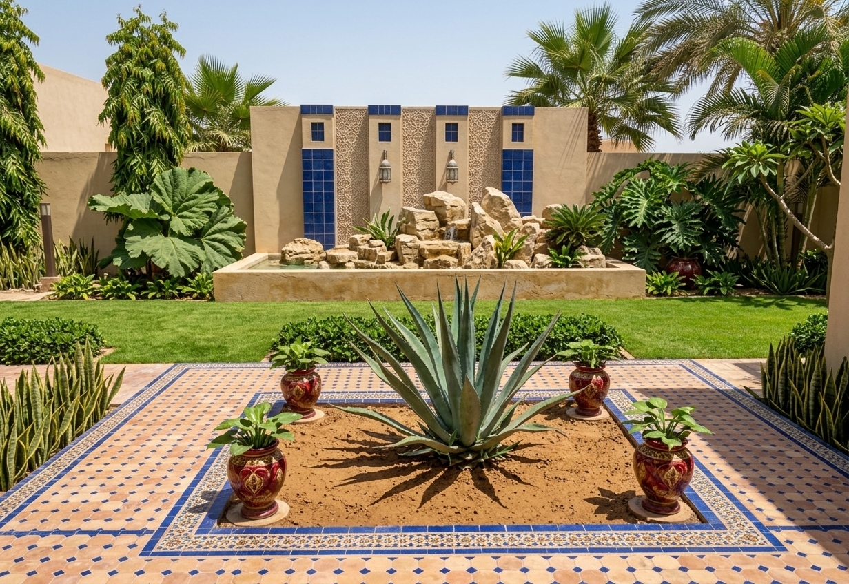 An incredibly lifelike, richly detailed, photorealistic landscape photo of a lush Moroccan-inspired courtyard garden set in a luxurious villa's exterior. The scene is illuminated by the bright, overhead sunlight of a summer midday, creating a warm, vibrant, and sensual atmosphere. Captured with a high-end medium-format camera and a 35mm lens, emphasizing the rich textures of carved stone, intricate mosaic patterns, and organic botanicals. In the foreground, a pathway of decorated terracotta and deep blue zellige tiles frames a central garden bed showcasing a grand, spiky agave plant surrounded by ornate ceramic urns painted in deep reds and golds. Beyond the manicured green lawn, a magnificent water fountain, constructed from stacked natural limestone blocks, cascades into a sandy-toned rectangular pool. This feature is backed by a towering feature wall decorated with ornate geometric plasterwork, blue tile pillars, and delicate metal lanterns. Lush, leafy exotic plants, towering fan palms, and snake plants border the space, completing this opulent Middle Eastern outdoor oasis.