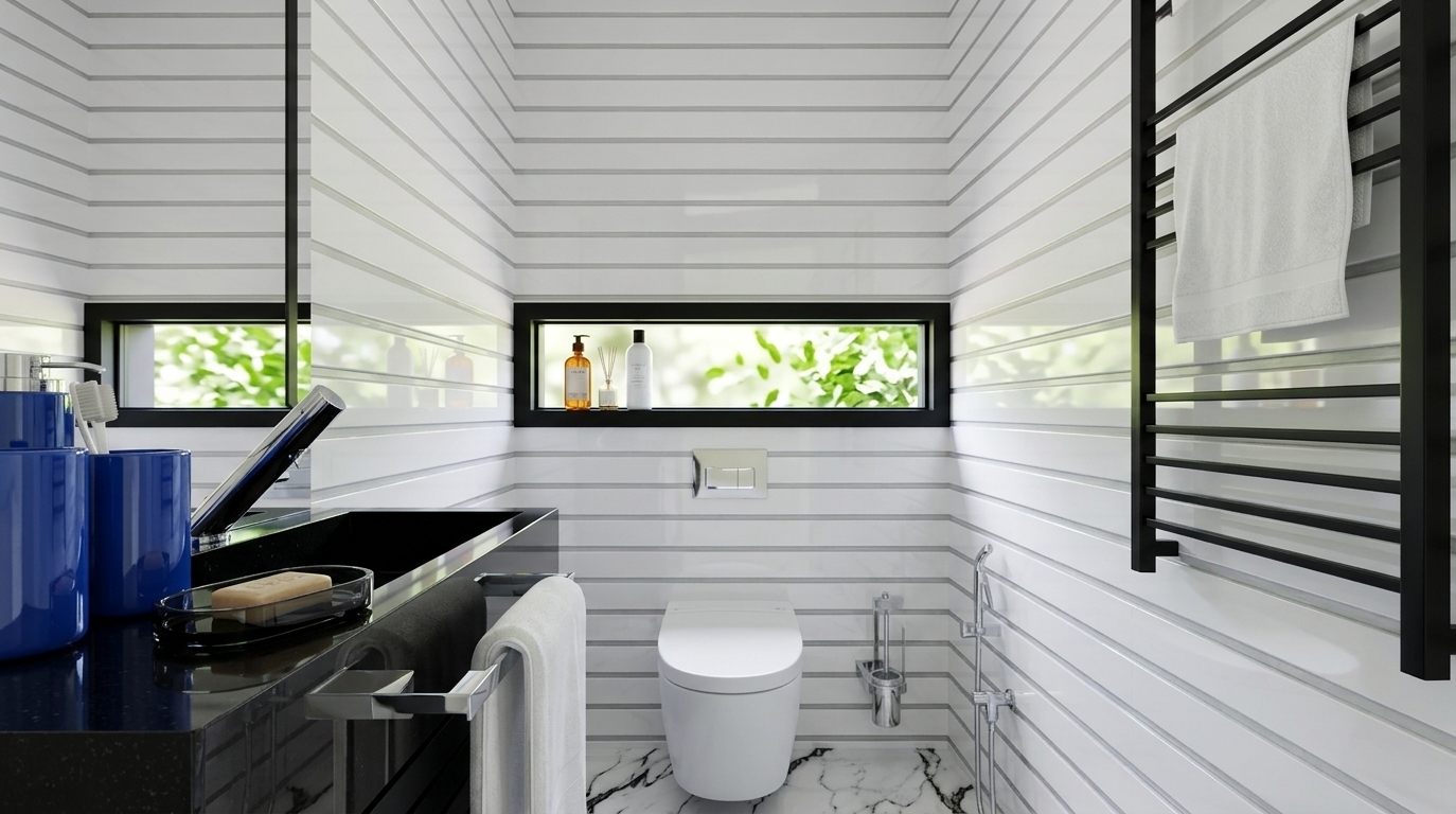 An incredibly lifelike, richly detailed, photorealistic medium-wide interior photo of a compact, ultra-modern powder room featuring a wall-hung toilet set in an upscale urban apartment. The scene is illuminated by bright midday summer light filtering softly through a high transom window, creating a clean and highly dynamic atmosphere. Captured with a 24mm wide-angle lens, emphasizing the ultra-smooth surfaces of the glossy horizontal-lined wall tiles, the polished marble floor with dramatic black veining, and the high-reflectivity black quartz countertop. Embracing an industrial-inspired modern fusion style suitable for a high-end photography book, the space employs a bold, geometric color palette of stark whites and deep blacks, punctuated by vibrant cool-toned accents from the glossy blue grooming canisters. A rectangular recessed niche framed in bold black metal acts as a functional piece of abstract wall art, showcasing minimal yet impactful decor like sleek glass cosmetic bottles and slender wooden diffuser reeds. To the right, a matte black metallic heated towel rack holds a draped, crisp white hand towel, while the reflective glass and flawless, polished materials lend an open-concept spaciousness to the bathroom, suggesting the presence of lush greenery just outside the window that bathes the minimalist interior in vibrant energy.