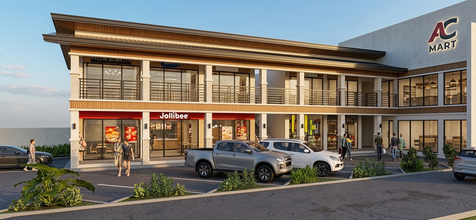A professional architectural photograph of a modern two-story commercial strip mall, captured during the warm glow of late afternoon golden hour. The low-angled sunlight casts soft, elongated shadows across the textured asphalt parking lot and accentuates the clean architectural lines of the building, which features realistic matte concrete walls, natural wood grain panel accents, and satin black-finished metal railings. Large glass storefront windows, including the brightly lit Jollibee and the AC Mart entrance, show crisp, natural reflections of the sky while revealing warm, detailed interior lighting with deep atmospheric depth. The parked pickup truck and SUV are depicted with glossy automotive paint finishes, clear-coat reflections, and realistic rubber and glass textures. Pedestrians are captured with natural motion and fully integrated shadows, walking past meticulously detailed tropical foliage and green shrubs that exhibit realistic leaf textures and subsurface scattering. The image is rendered with the exceptional clarity of a professional 35mm lens, showcasing a high dynamic range, lifelike color temperature, and the subtle imperfections of a real photograph.
