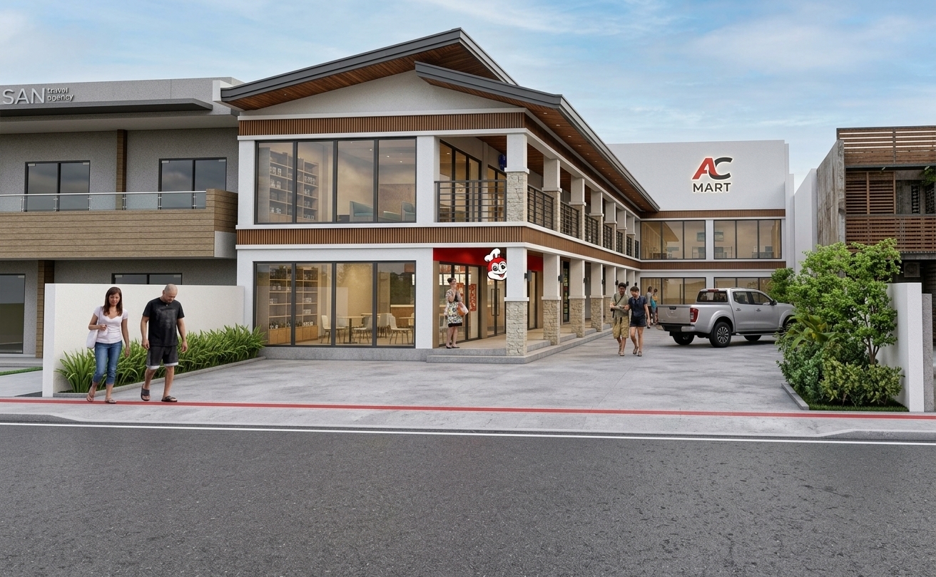 An architectural photograph of a modern two-story commercial strip mall on a warm, slightly hazy afternoon, captured with a professional 35mm wide-angle lens from across the street. The lighting is soft, natural daylight with the sun casting gentle, angled shadows that ground the pedestrians and the silver pickup truck parked in the driveway. The main building features clean white stucco walls, rich warm-toned wooden slats under the roof eaves and decorative horizontal bands, textured light-grey stone pillars, and matte-black aluminum window frames. The large glass windows exhibit subtle reflections of the sky and the opposite street, while faint interior lights glow warmly from within the shops. The asphalt driveway has fine surface textures, subtle weathering, and realistic dust, while the concrete sidewalk is rendered with clean expansion joints and natural micro-imperfections. The surrounding buildings, including the store with the white logo on the left and the AC Mart in the background, are realized with accurate materials like brushed metal, composite siding, and backlit acrylic signage. The pedestrians are captured in natural mid-stride, with photorealistic fabric textures on their clothes and soft, grounded shadows under their feet, while the foliage on the right consists of realistic, lush green plants with individual leaves filtering the soft daylight. The image has a distinct photographic quality with sharp focus throughout, natural highlight roll-off, and a subtle, organic grain structure that eliminates any digital render look.