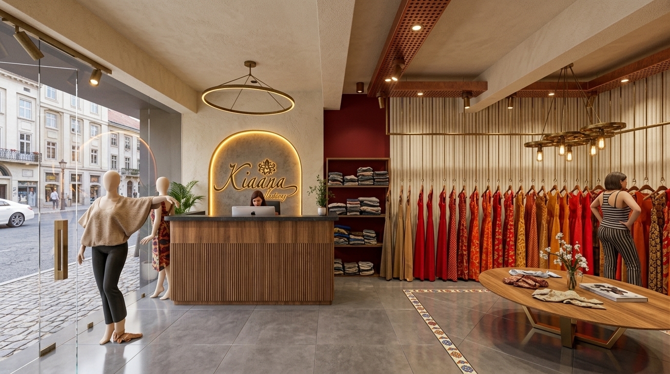 An incredibly lifelike, richly detailed, photorealistic wide-angle interior photograph of an upscale boutique clothing store set in a vibrant urban shopping district. The scene is illuminated by natural midday light spilling from the floor-to-ceiling glass storefront, softly blending with warm overhead accent spotlights, an amber-glowing halo arch, and a minimalist ring pendant lamp, creating an inviting and opulent atmosphere. Captured with a professional 24mm lens, emphasizing the textured plaster walls, rich wood grains, and the intricate, colorful patterns of hanging garments.

In this retail space, modern minimalism seamlessly merges with traditional Indian exuberance. The reception counter is clad in elegant, tightly fluted timber panels and topped with polished charcoal stone, positioned before a dramatic, deep red accent wall featuring the logo set within a back-lit, gold-glowing concrete archway. Polished grey floor tiles are beautifully detailed with a colorful, hand-painted geometric border made of traditional Indian-inspired ceramic motifs. To the right, high-end, hand-crafted brass ceiling-hung rails hold a vibrant collection of dresses that showcase rich reds, oranges, and golden patterns. In the foreground, an elegant oval display table crafted from warm, carved wood with geometric brass-plated legs is artfully styled with a high-end fashion photography book, ready-to-wear textiles, and a delicate floral arrangement, while subtle indoor green plants and perforated copper ceiling panels add layers of sophisticated texture to the space.