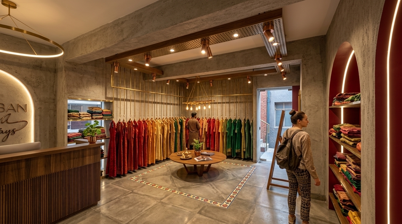 An incredibly lifelike, richly detailed, photorealistic wide-angle interior photo of a boutique clothing store set in a modern urban center. The scene is illuminated by glowing recessed LED arches and warm overhead spot lighting mimicking brilliant midday sun, creating a welcoming and sophisticated atmosphere. Captured with a professional 24mm architectural lens, emphasizing the contrast between rough concrete textures, fluted timber surfaces, and polished brass fixtures. 

Embodying a design of Indian exuberance, the space features deep shades of rich reds, warm oranges, and gold accents. Intricate floral-patterned tile borders frame a central circular wooden display table, which holds styled Indian-inspired decor, a photography book, and a small potted plant adding a touch of natural indoor greenery. Along the concrete walls, hanging displays mimic vibrant Indian textile wall art with rows of colorful, textured garments. On the right, a deep crimson wall houses an arched display niche backlit with warm, spiritual lighting, holding meticulously folded fabrics on brass-edged wooden shelves, while handcrafted copper ceiling joists tie together this opulent, culturally rich retail experience.