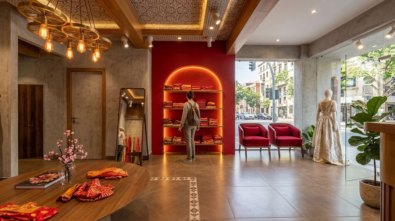 An incredibly lifelike, richly detailed, photorealistic wide-angle interior photo of a boutique clothing store set in an upscale urban neighborhood. The scene is illuminated by the bright, overhead sunlight of midday filtering through expansive storefront windows, combined with warm, glowing neon archways and amber track lighting, creating a vibrant, opulent, and spiritual atmosphere. Captured with a professional 24mm wide-angle lens, emphasizing the rich textures of raw concrete plaster walls, smooth earth-toned floor tiles accented by a decorative mosaic border, and the natural grain of polished wood. Embracing a modern interpretation of Indian exuberance, the space features a bold crimson accent wall with a brilliantly backlit golden-orange arch that showcases vibrant, colorful garments. In the foreground, an organic-shaped wooden display table holds an eye-catching photography book alongside handcrafted Indian-inspired textiles in rich reds, oranges, and golds. Elegant crimson-upholstered armchairs rest beside the glass facade near a lush indoor plant and a classic draped mannequin, while a unique overhead chandelier constructed from circular brass-finished frames and exposed Edison bulbs bathes the meticulously adorned surfaces in a soft, inviting glow.