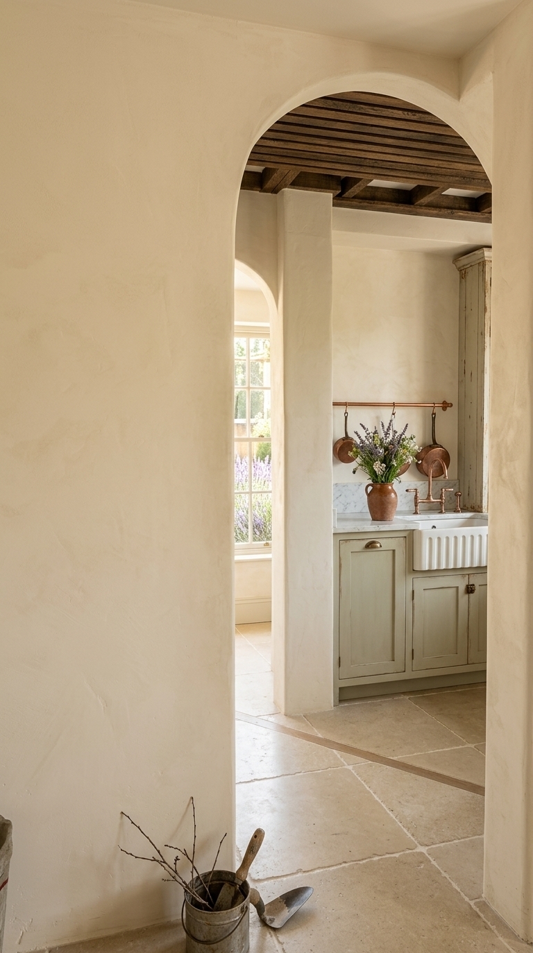 An incredibly lifelike, richly detailed, photorealistic eye-level, medium-wide interior photo of an elegant passageway leading into a sunlit kitchen set in a charming French country cottage. The scene is illuminated by warm, radiant midday sunlight flooding through a nearby window, creating an inviting, bright and airy atmosphere. Captured with a professional architectural camera with a 35mm lens, emphasizing the rich textures of hand-applied plaster, distressed oak, and tumbled limestone flooring.

The previously rough, unfinished opening has been transformed into a graceful, smooth plastered archway finished in a soft, warm ivory hue. Beyond this inviting portal, a picturesque kitchen is revealed, boasting custom cabinets in a light, weathered sage green fitted with antiqued brass hardware. Above, the ceiling features magnificent exposed dark oak timber beams that add rustic character, contrasting beautifully with the light, neutral tumbled travertine floor tiles that sweep seamlessly through the space. On the kitchen wall, a polished white carrara marble countertop glistens beneath a large mullioned window that frames a soft-focus view of a sun-drenched lavender garden outside. A copper rail with hanging culinary pans and a rustic clay vase holding fresh wildflowers sits gracefully near a deep farmhouse sink, enhancing the authentic provincial charm. The clever composition perfectly balances rugged textures with soft, clean lines, elevating the passageway into a welcoming, functionally seamless masterpiece of French country design.