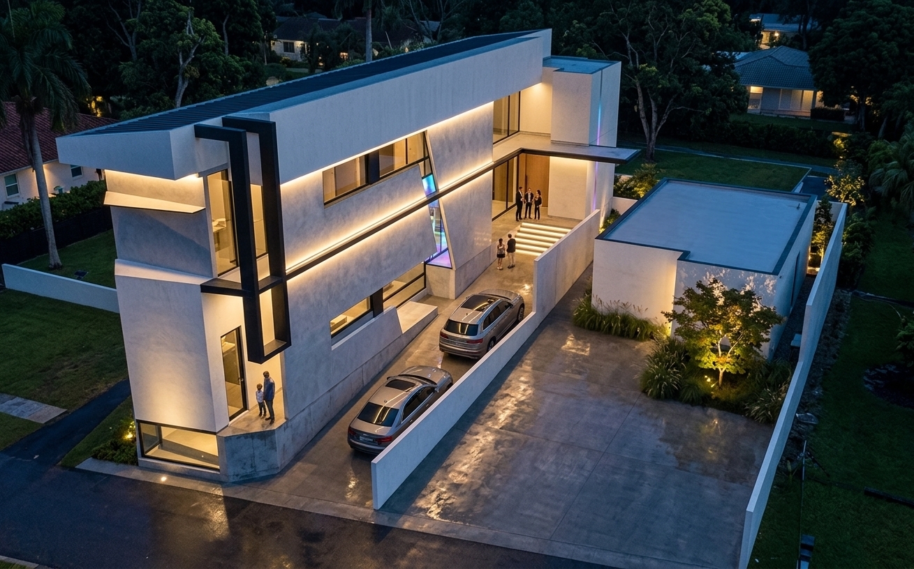 An incredibly lifelike, richly detailed, photorealistic elevated architectural shot of a luxury minimalist guest house set in a premium tropical residential neighborhood during the twilight blue hour. The scene is illuminated by concealed warm-white linear LED strips embedded in deep facade reveals, under roof overhangs, and beneath cantilevered volumes, creating a moody, sophisticated, and subtly futuristic atmosphere. Captured with a 35mm architectural lens, emphasizing the rich tactile contrasts of smooth off-white textured concrete, light-gray microcement feature panels, matte black steel trim, and charcoal aluminum window frames. Faithful to the original architecture, the main structure's angled roof slope and bold geometric lines are defined by indirect wall-washing lights, with faint, icy blue and soft violet reflections shimmering within hidden architectural joints to hint at a polished cyberpunk aesthetic. A wet, polished concrete driveway slopes down beside the facade where two luxury cars are parked in tandem, their surfaces reflecting the twilight sky. Beside the driveway, minimalist stone steps lit from beneath lead up to a recessed entry platform. To the right, a clean courtyard finished with ornamental grasses and a structural Japanese maple separates the main lodge from a matching single-story modernist annex. The damp pavement throughout the property acts as a mirror, scattering soft-glowing warm-white and cool ambient light, delivering a premium boutique hotel arrival experience.