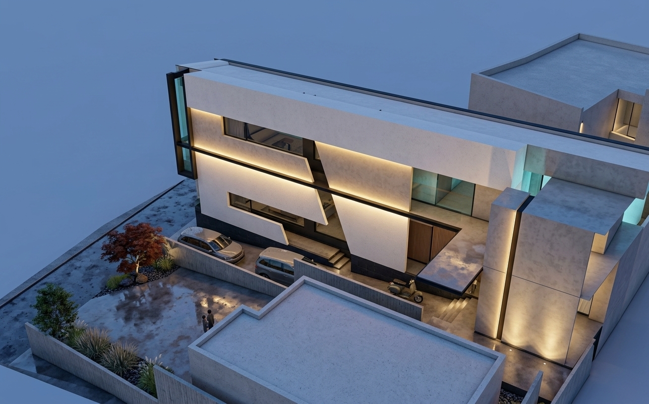 An incredibly lifelike, richly detailed, photorealistic high-angle architectural shot of a luxury minimalist guest house facade set in a premium, quiet residential neighborhood during the serene blue hour just after sunset. The scene is illuminated by a sophisticated system of concealed, warm-white linear LED strips (3000K–3500K) integrated into recessed facade joints, shadow gaps, and floating cantilevers, casting a soft, golden glow that contrasts with faint, icy-blue and pale cyan reflections hidden deep within architectural reveals, creating a moody, futuristic, yet deeply elegant atmosphere. Captured with a professional 35mm architectural lens, emphasizing the rich, tactile contrast between smooth off-white textured concrete walls, warm light-gray microcement panels, and dark, low-E tinted glass. The composition showcases the building's original dynamic massing, preserving the sloped walls and bold geometric panels that intersect across the facade on a dark basalt stone plinth. Framing the structure are matte black steel accents and vertical wood composite panels tucked into recessed entries. In the driveway below, the wet, polished concrete pavement glistens under the evening rain, casting clean, high-fidelity reflections of two modern cars parked along the ramp and a vintage scooter. Minimalist, premium landscaping borders the driveway with an ornamental Japanese maple tree, delicate feather grasses, and dark river stones, completing this ultra-high-resolution, atmospheric architectural rendering that perfectly balances modern tropical architecture with a quiet cyberpunk edge.